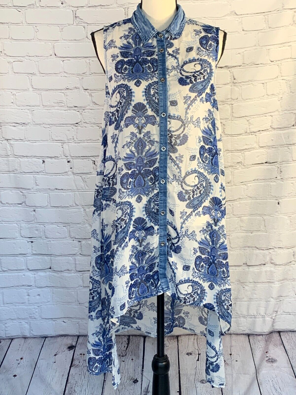 Mechant Sheer Blue & White Floral Button-Down Duster Hi-Low Dress Sleeveless L