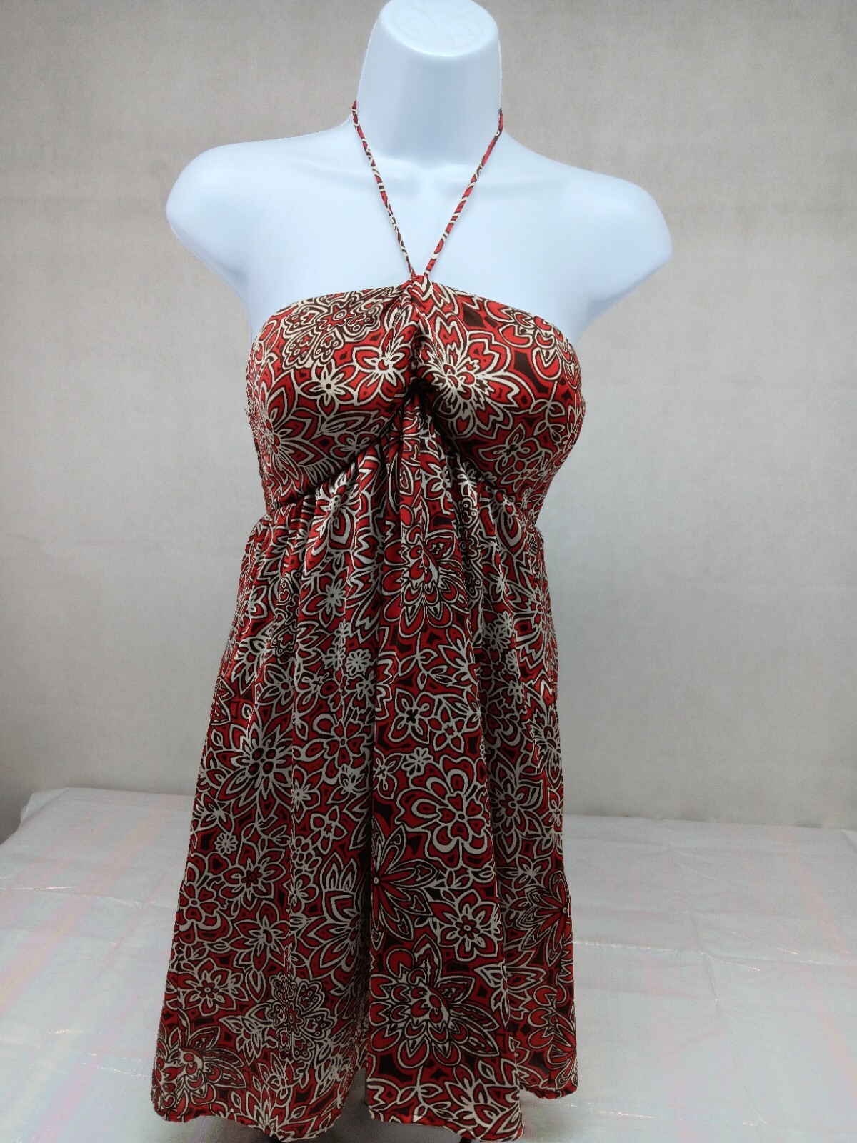FOREVER WOMENS SMALL RED BROWN FLORAL HALTER TOP DRESS POCKETS ELASTIC BACK