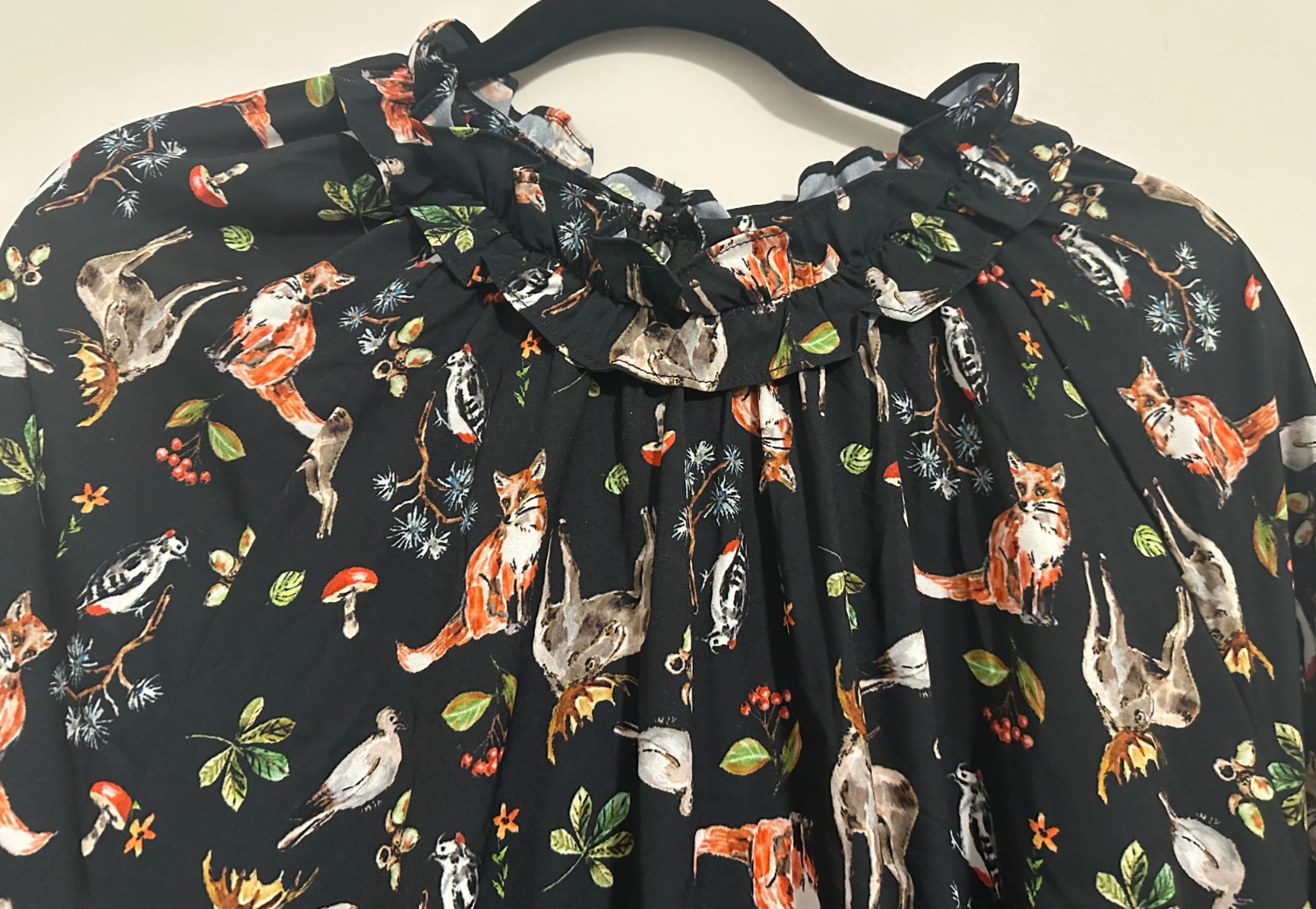 New Womens Eloquii Dress Size 26 Plus Black Woodland Animals Fox Moose Ruffles