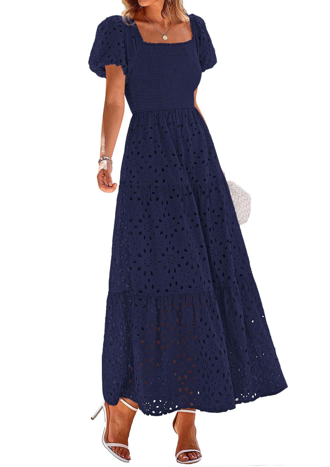 PRETTYGARDEN Maxi Dress Pr963 Large Navy Eyelet Square Neck Puff Sleeve Pockets