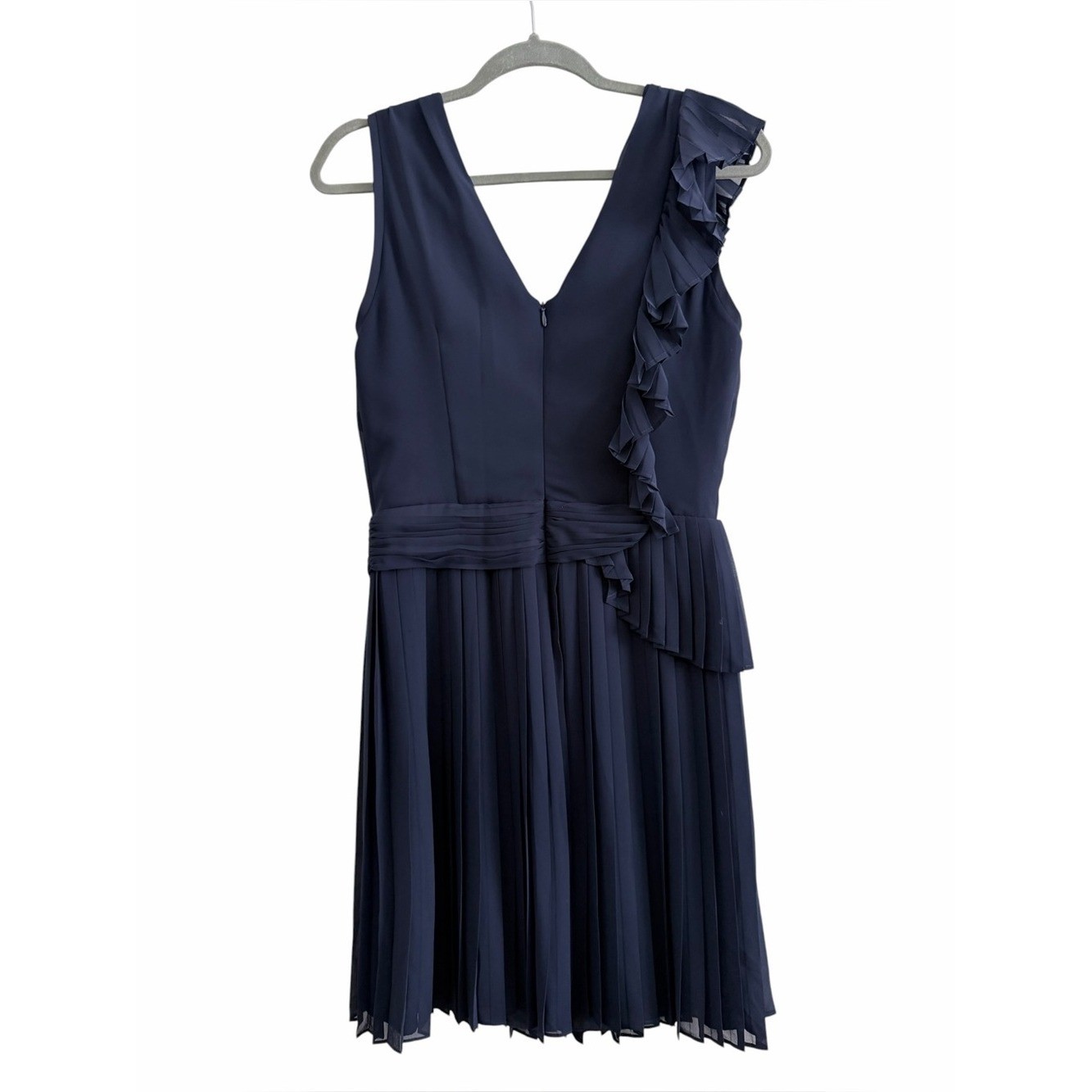 Reiss Navy One-Shoulder Ruffle Pleated Dress