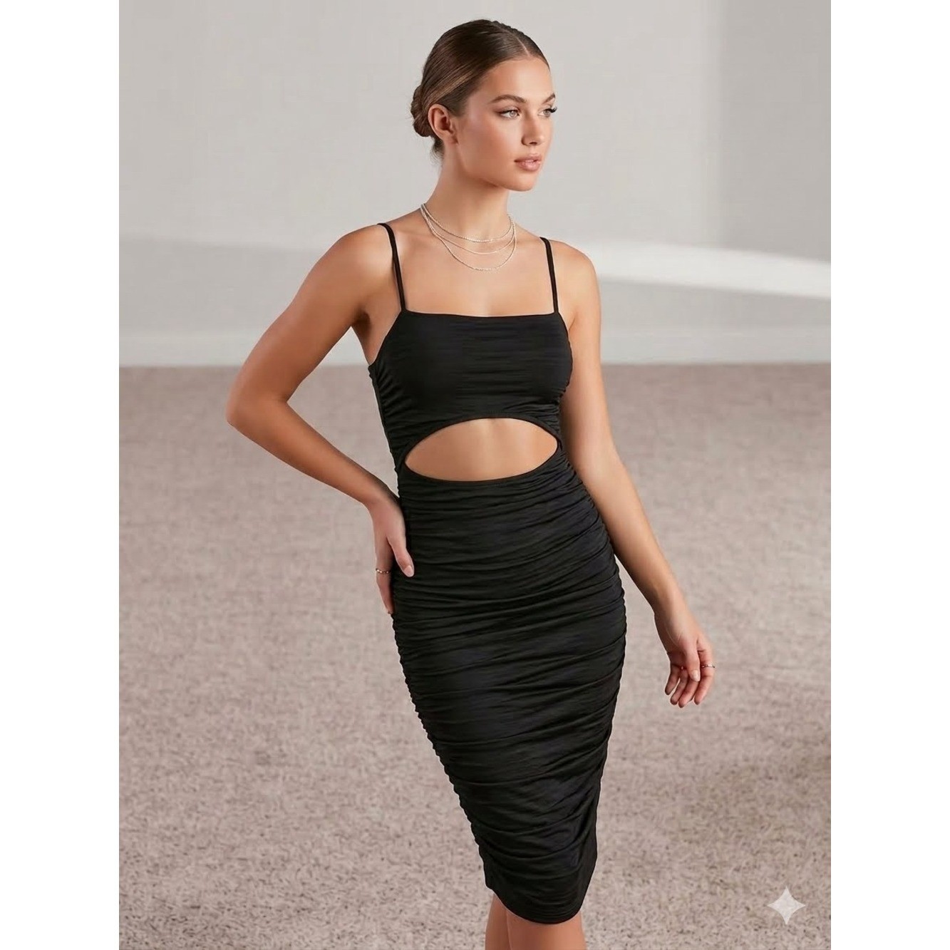 NWT Windsor Black Cutout Ruched Midi Dress