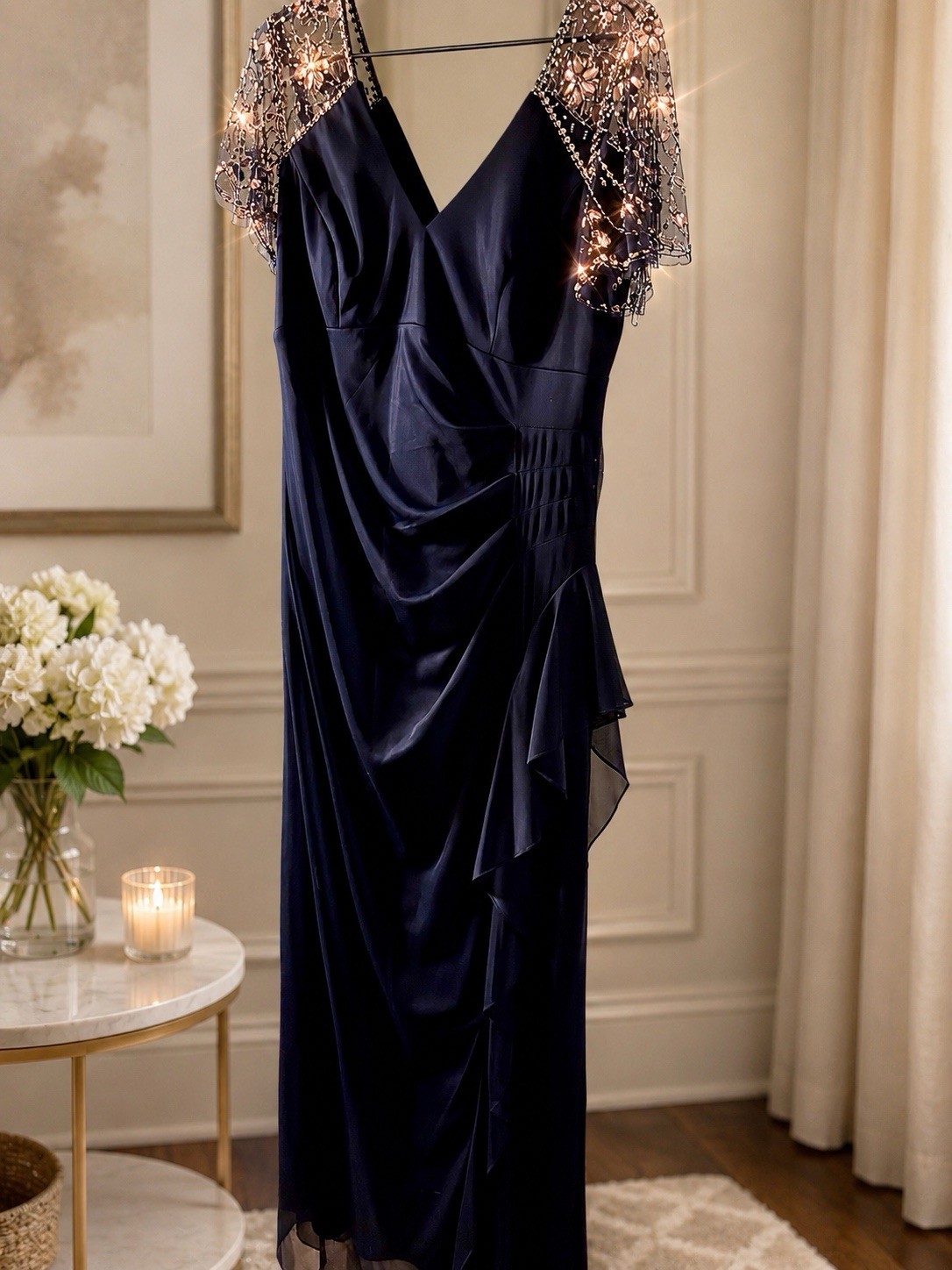 Xscape Navy V-Neck Beaded Draped Chiffon Flutter Sleeve Long Gown Size 14