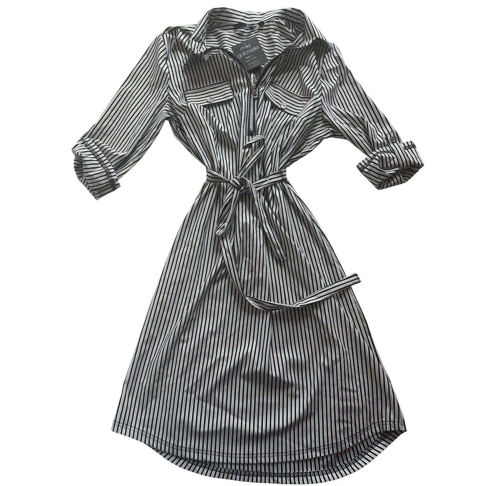 Mlle Gabrielle Black White Striped Half Zip Tie Waist Shirt Dress Sz Large NWT