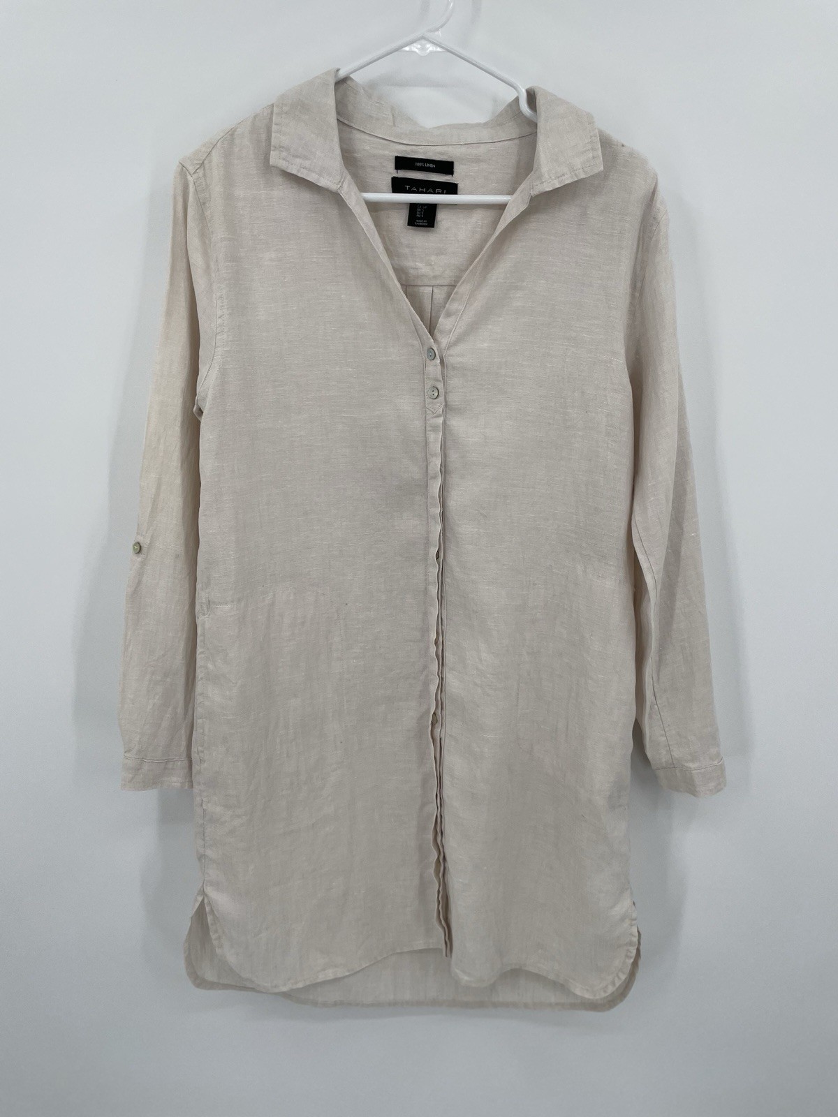 Tahari Linen Shirt Dress Small Roll Tab Beige Classic Minimalist Lagenlook Boho