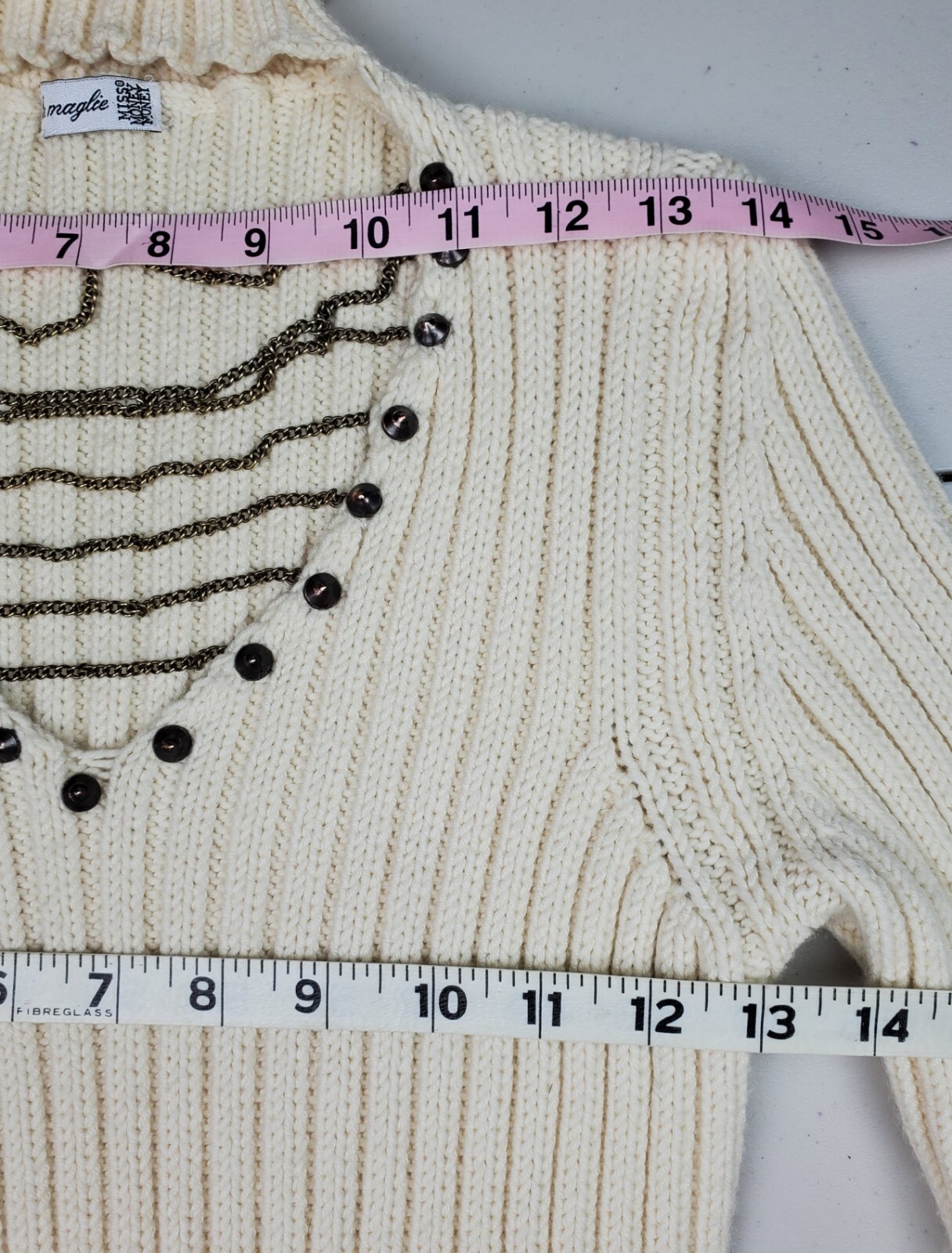 White Cream Cable Knit Turtle/V-neck Chain Thick Bodycon Sweater Dress Size M