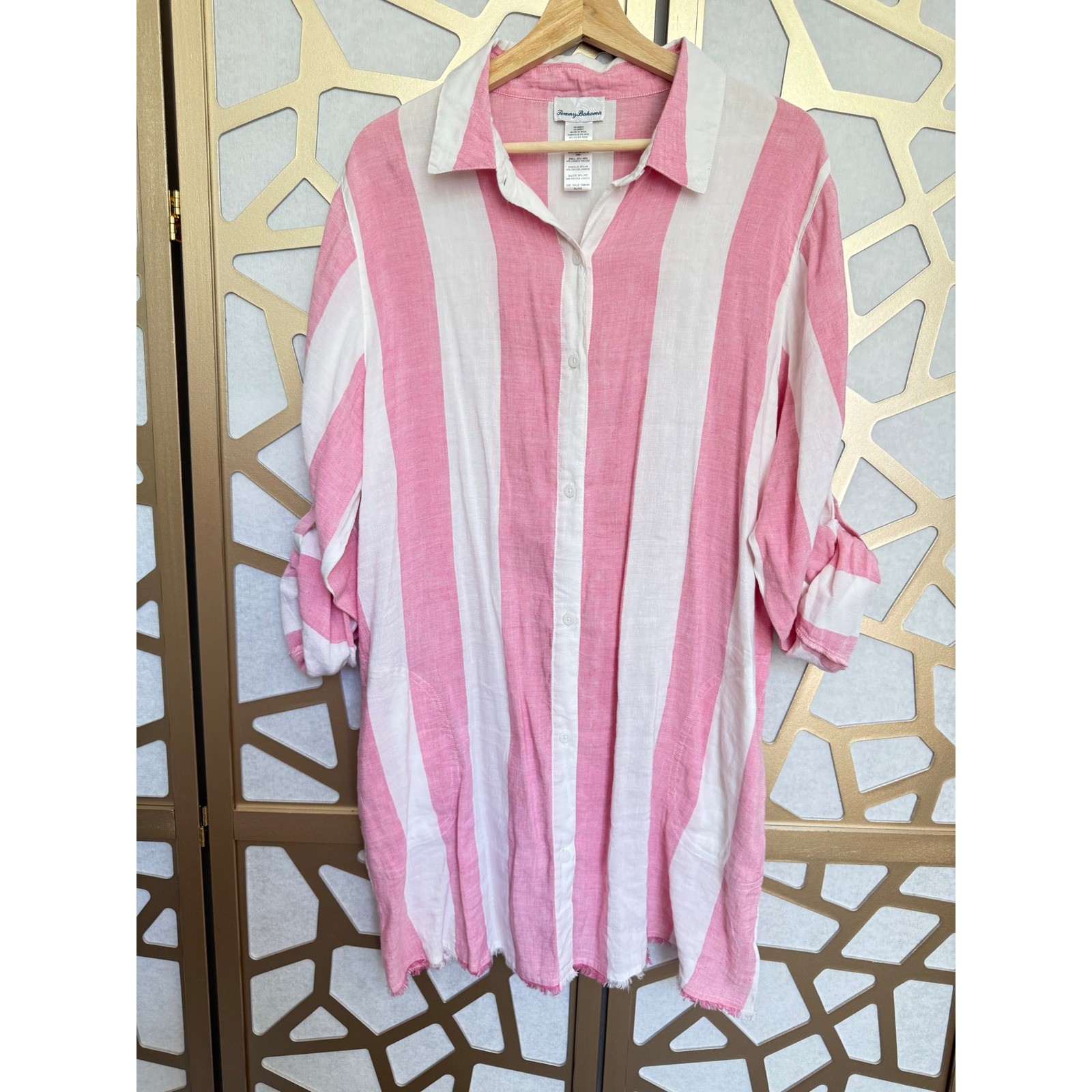 Tommy Bahama Pink White Striped Linen Blend Button Down Shirt Dress XL Coastal