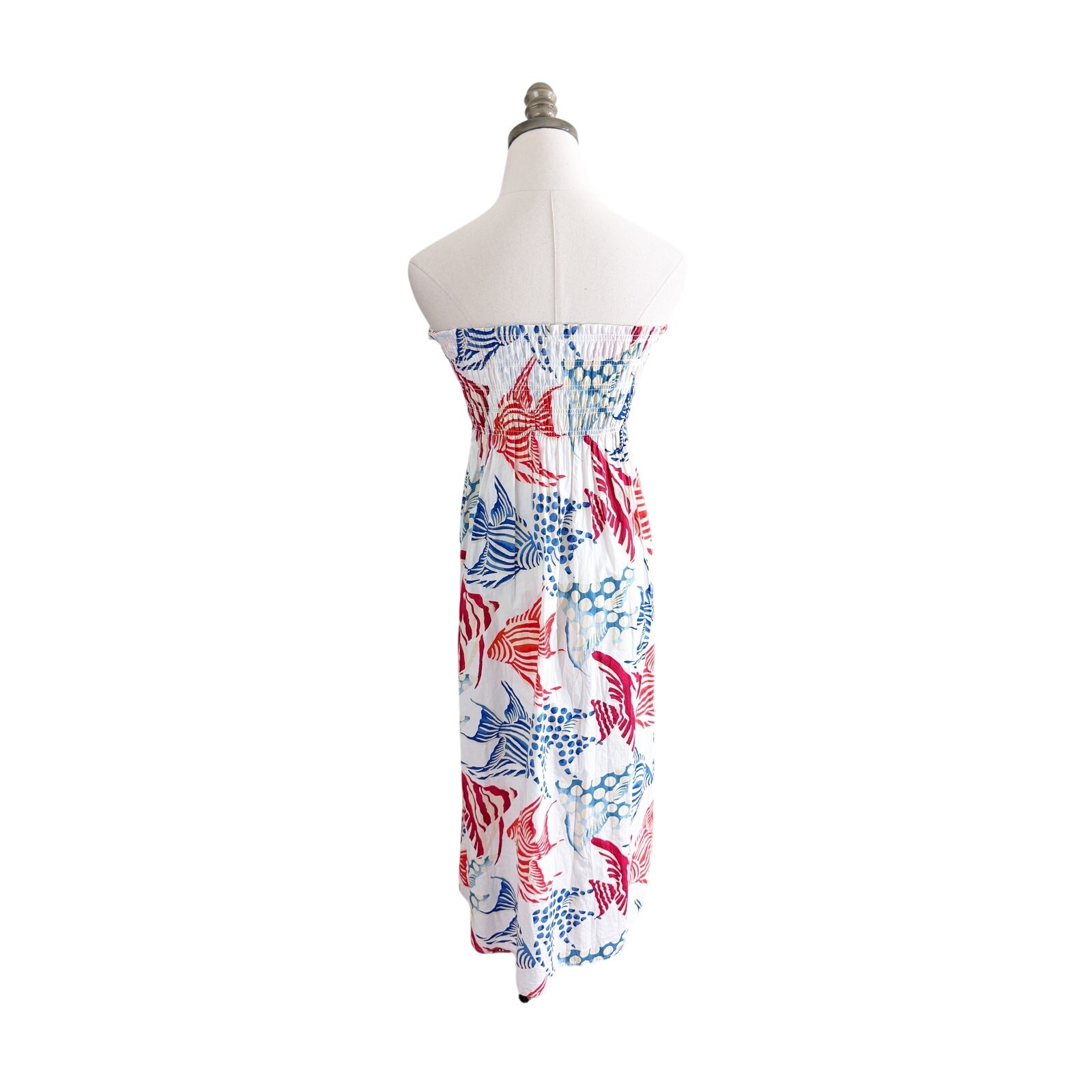 NWT LOFT White/Blue/Red Tropical Fish Print Maxi Strapless Dress Women’s Size S