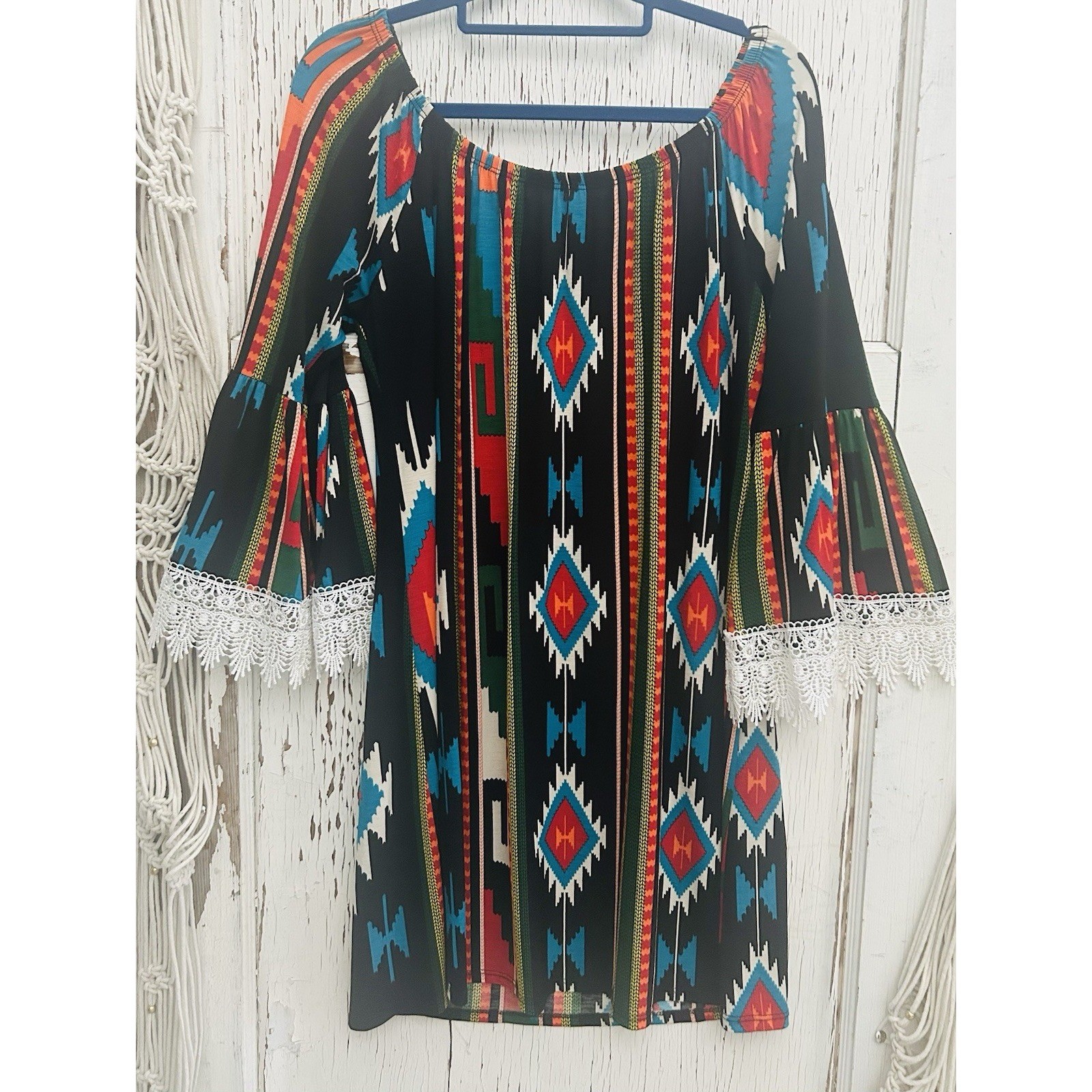 R. Rouge Womens Multicolor Aztec Bohemian Bell Sleeve Tunic Mini Dress