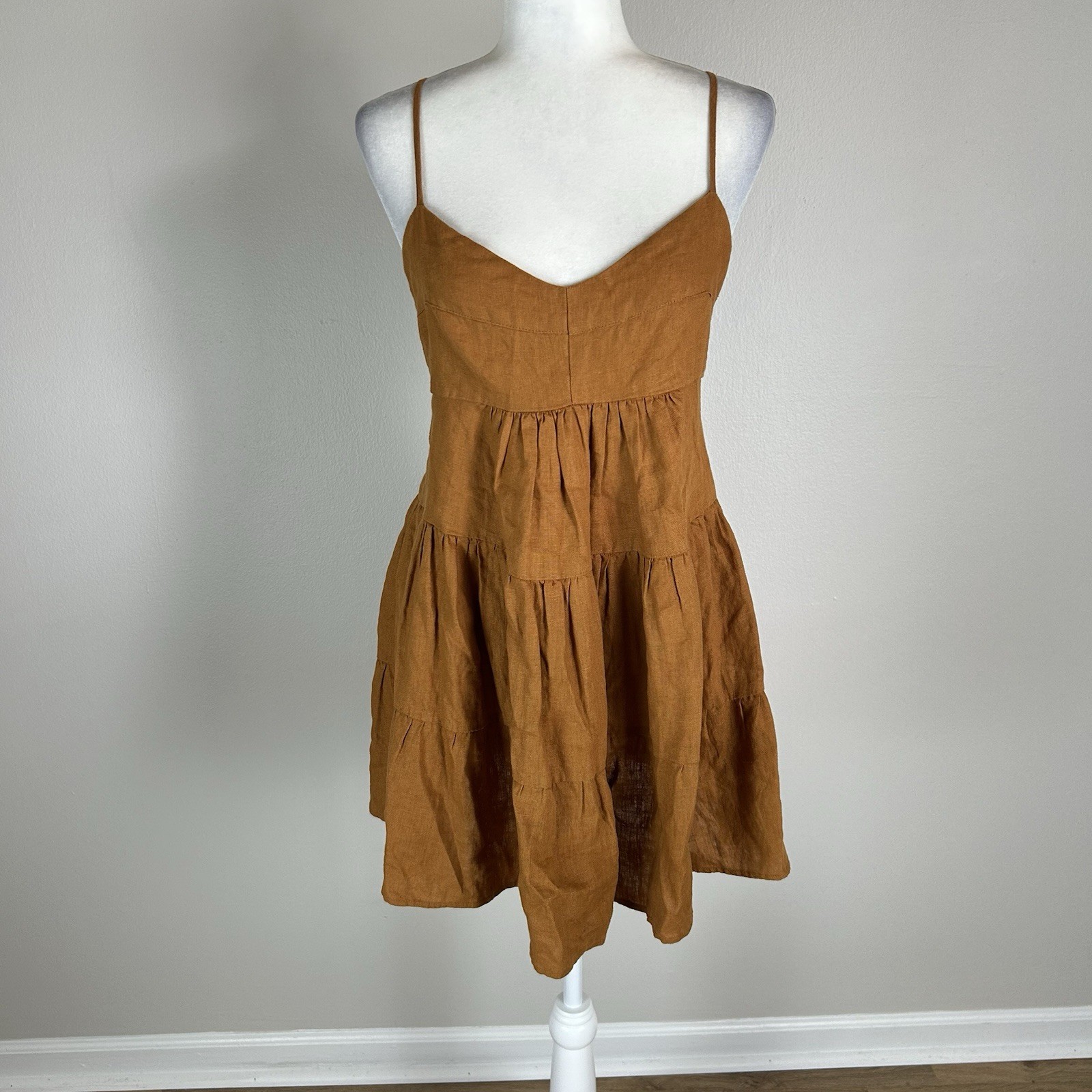 Botique Mini Dress Linen Brown Mini Large Sun Summer Tiered Pleated Natural Gold