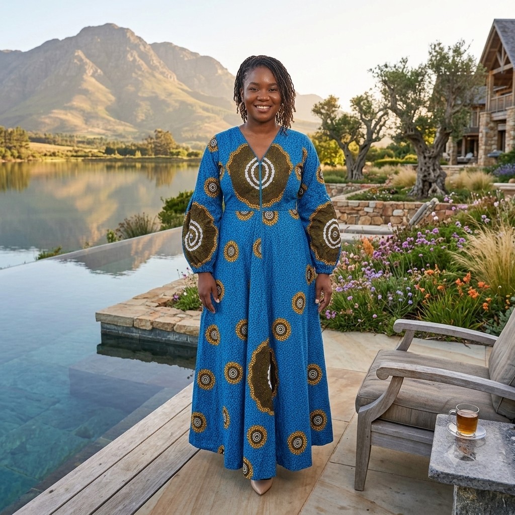 African Print Ankara Blue Maxi Dress Front Zip Long Sleeve L/XL