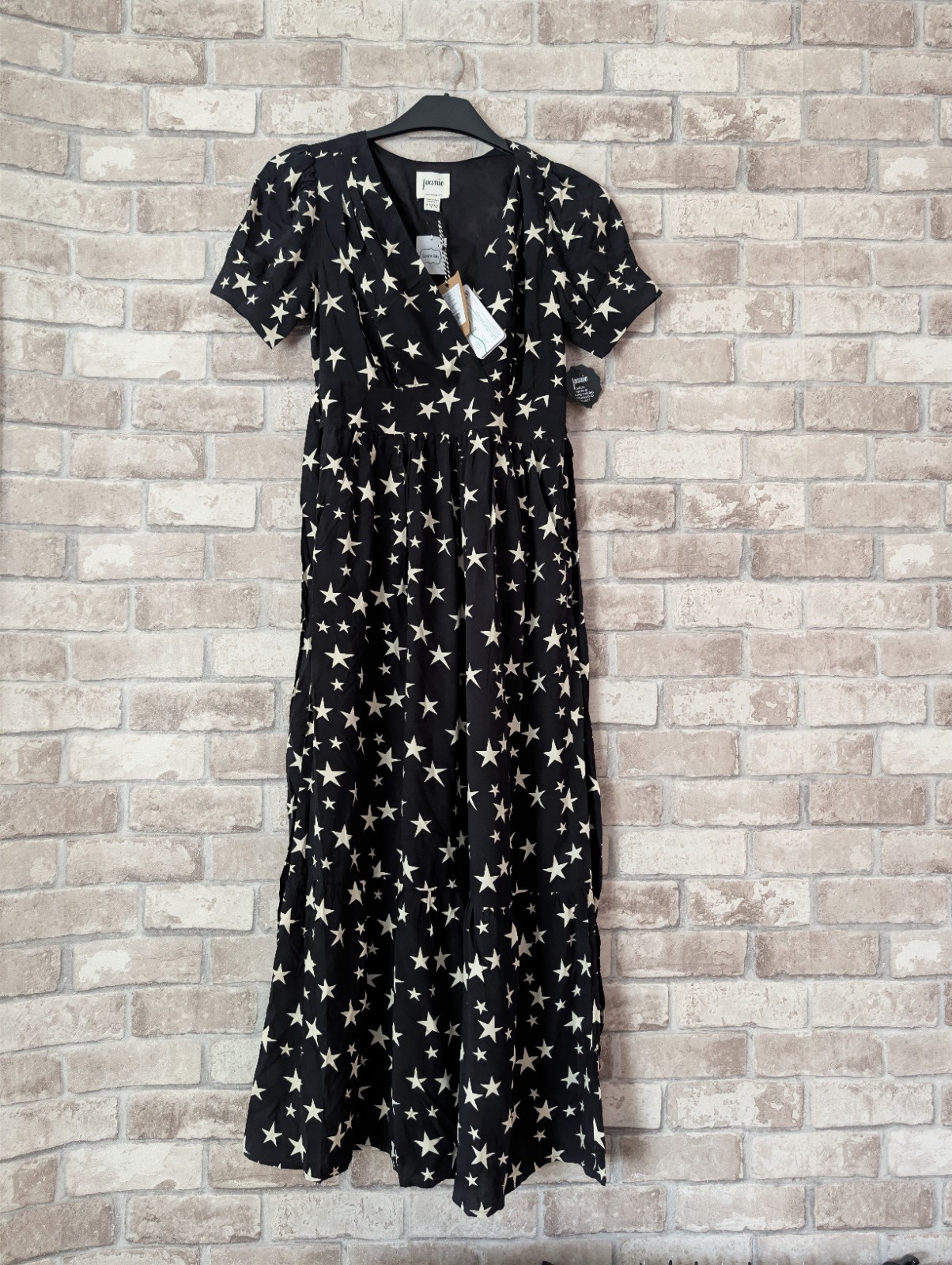 Joanie Clothing Albertine Star Print Midaxi Dress V-Neck Black Cream UK Size 8