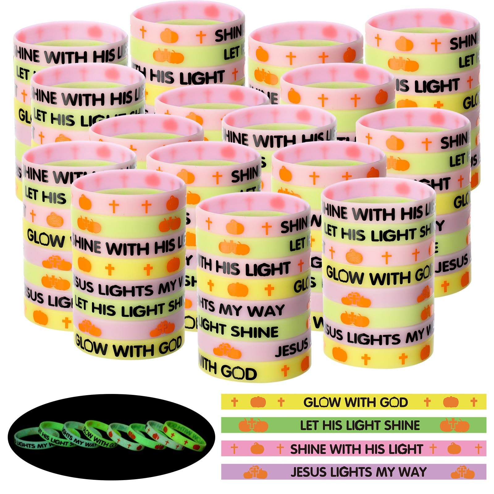 WinnerWhy 120 Pcs Halloween Christian Bracelets Glow in the Dark Bible Verse Sil