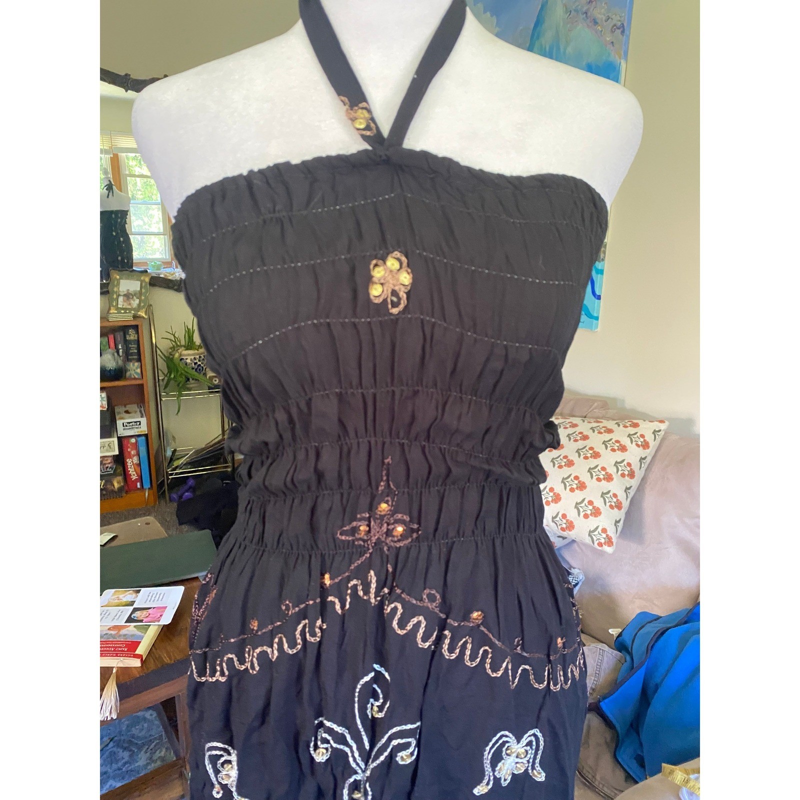 Embroidered Sequin Halter Smocked Black Midi Dress OS Boho Hippie Festival Beach