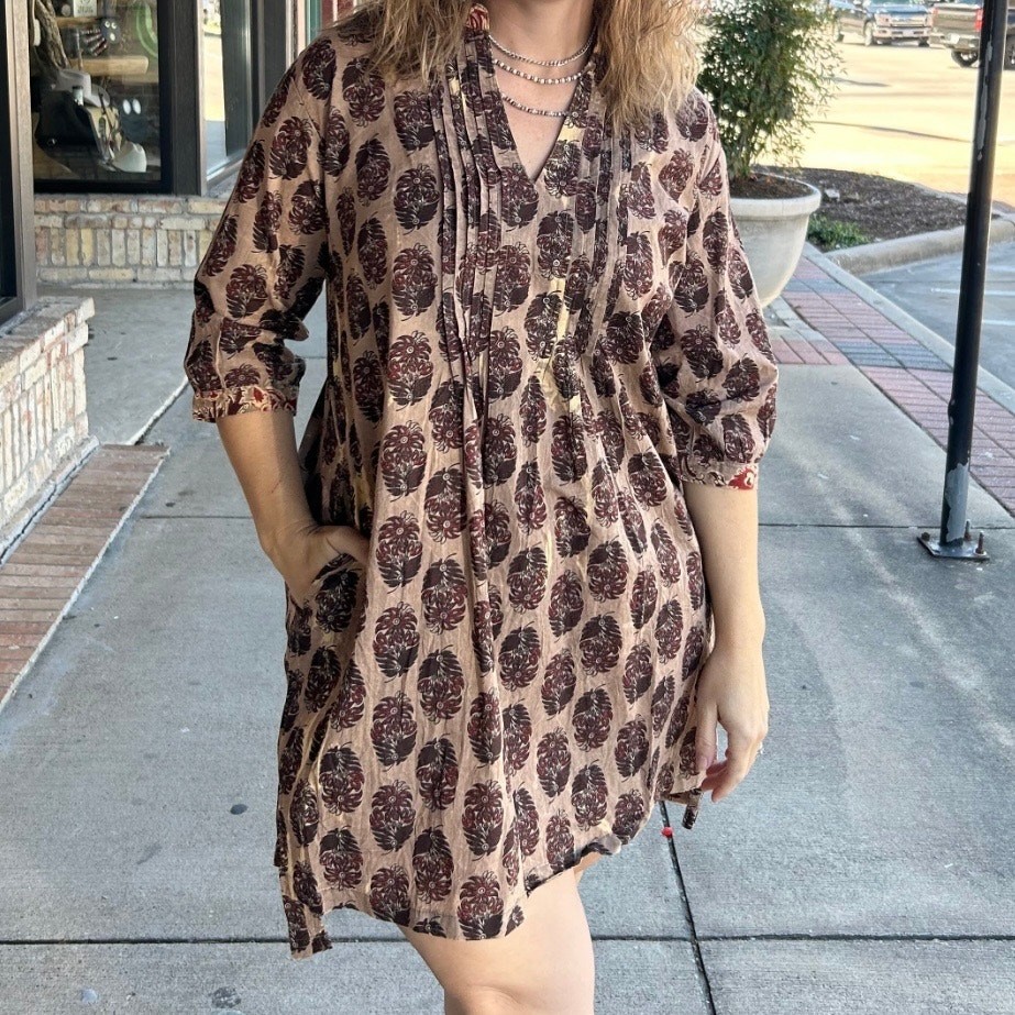 Jaded Gypsy Boho Pintuck Tunic Shirt Dress Women’s Small Large Brown