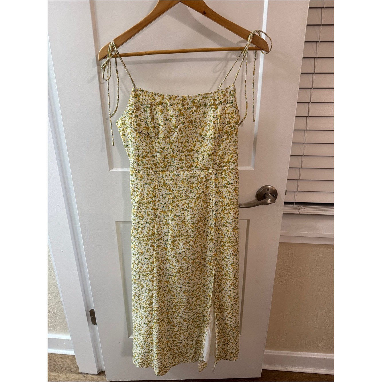 Yellow Ditsy Floral Midi Slip Dress with Tie Straps