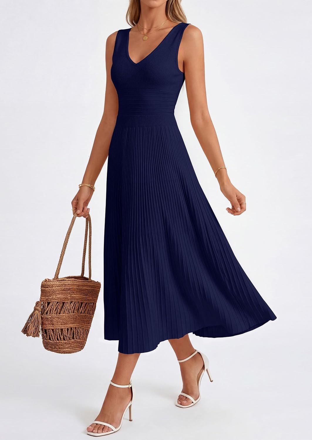 Summer Dresses for Women 2026 Spring Casual Sleeveless V Neck Pleated Midi Work