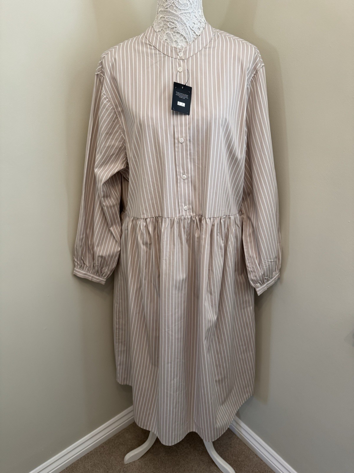 New JD Williams Women’s Brown Striped Collarless Midi Shirt Dress, UK Size 18