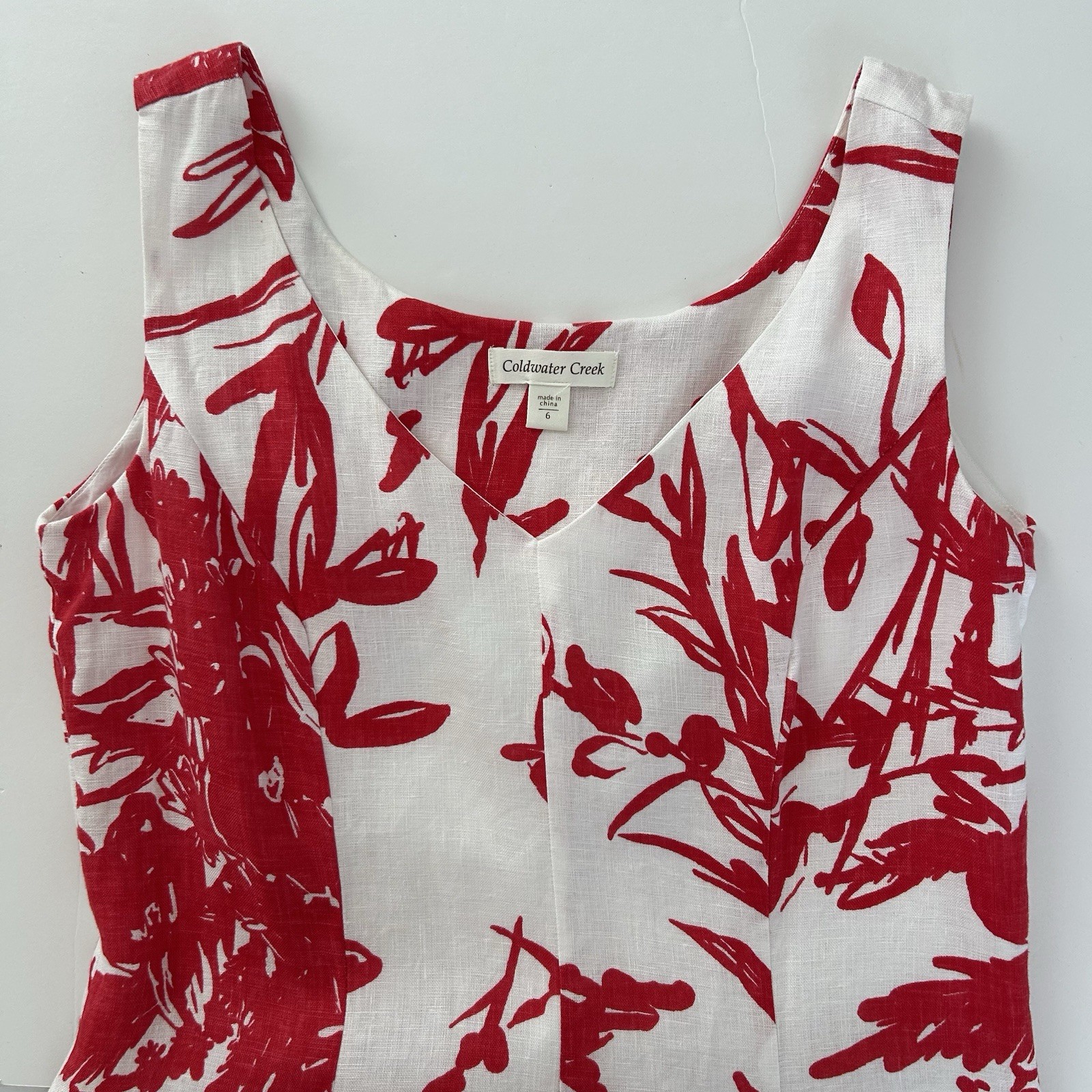 Coldwater Creek Linen Dress Size 6 Midi Red White Abstract Print V Neck Coastal