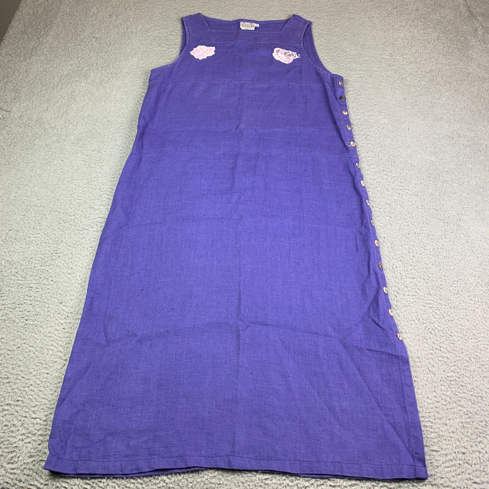 Match USA 100% Linen Maxi Dress Button Side Size 4 USA Vintage Square Neck