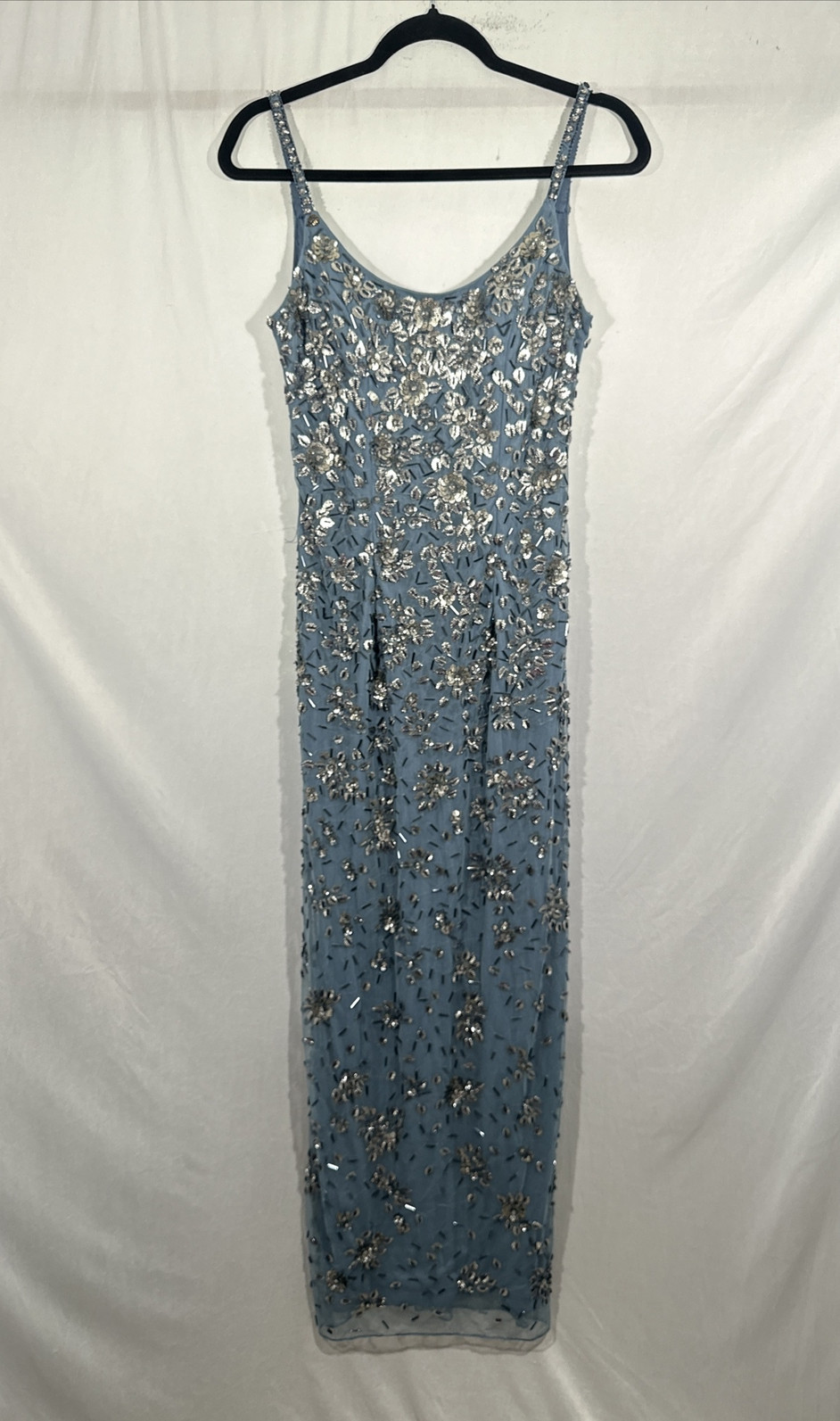 NWT Mac Duggal [ 4 ] 5477 Floral Embellished Scoop Neck Gown Slate Blue #S1248