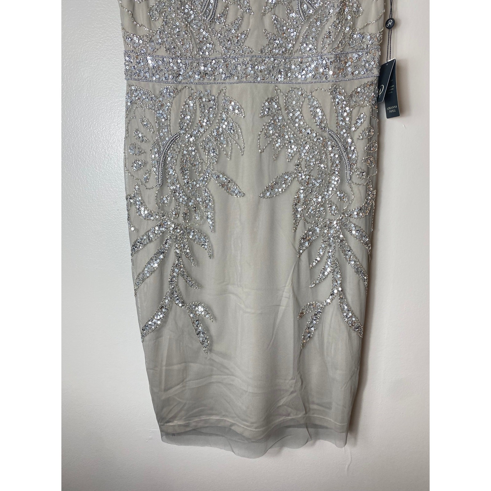 ADRIANNA PAPELL DRESS 14 SILVER SEQUIN BEADED WEDDING GUEST COCKTAIL PARTY SHORT