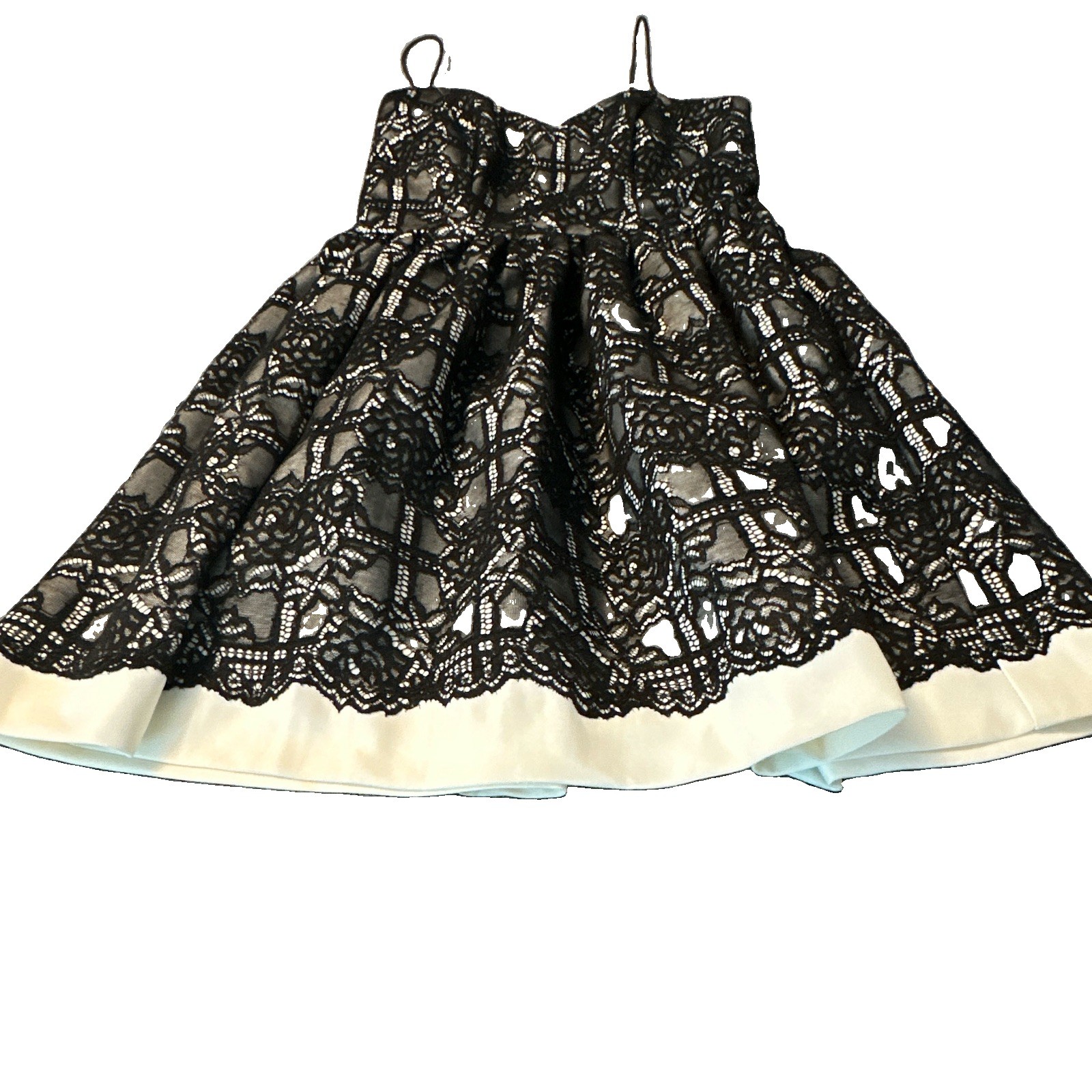 AQUA Fit & Flare Dress Sweetheart Spaghetti Strap Lace Floral Black/White S