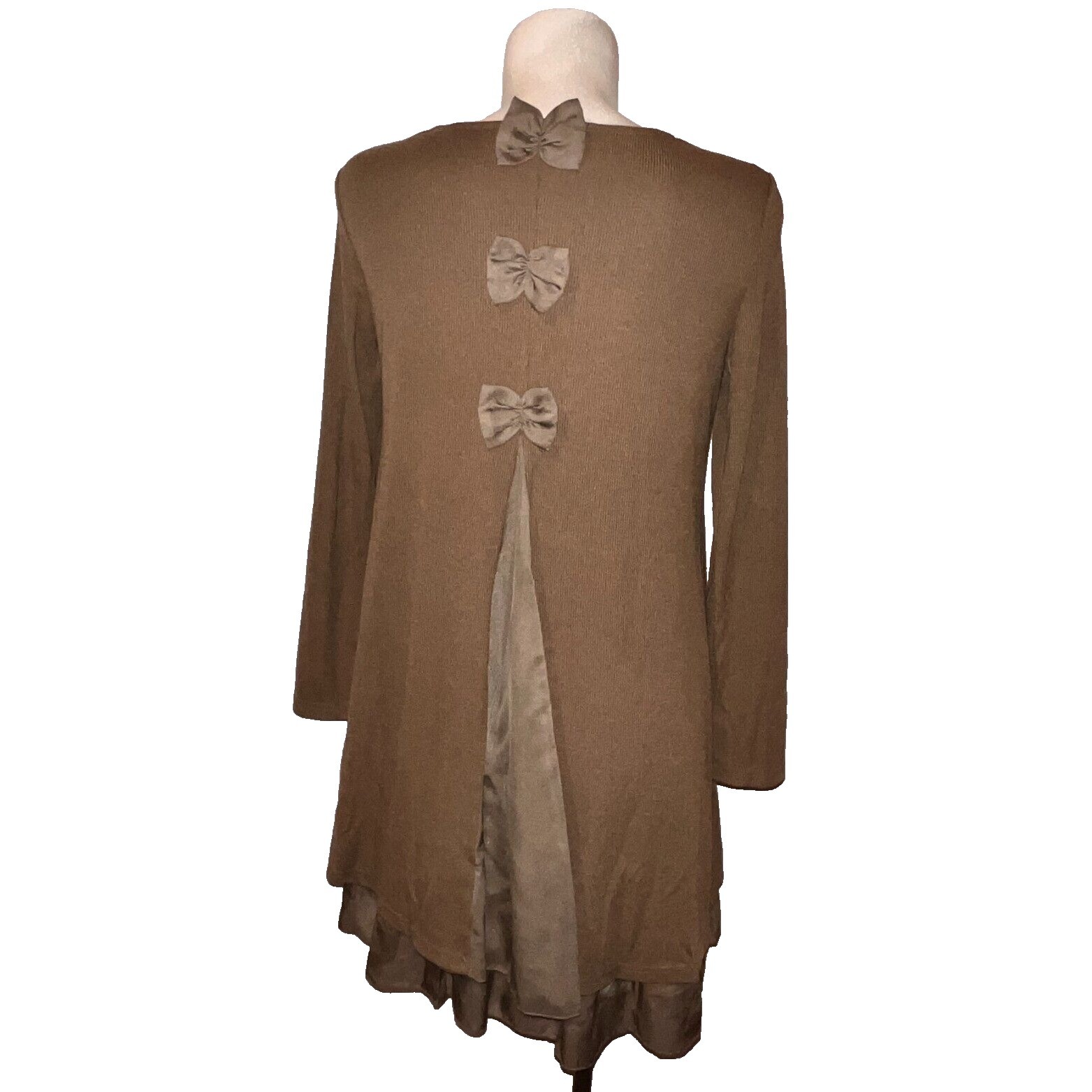 Brown Ribbed Knit Bow Back Layered Chiffon Hem Long Sleeve Tunic Mini Dress S