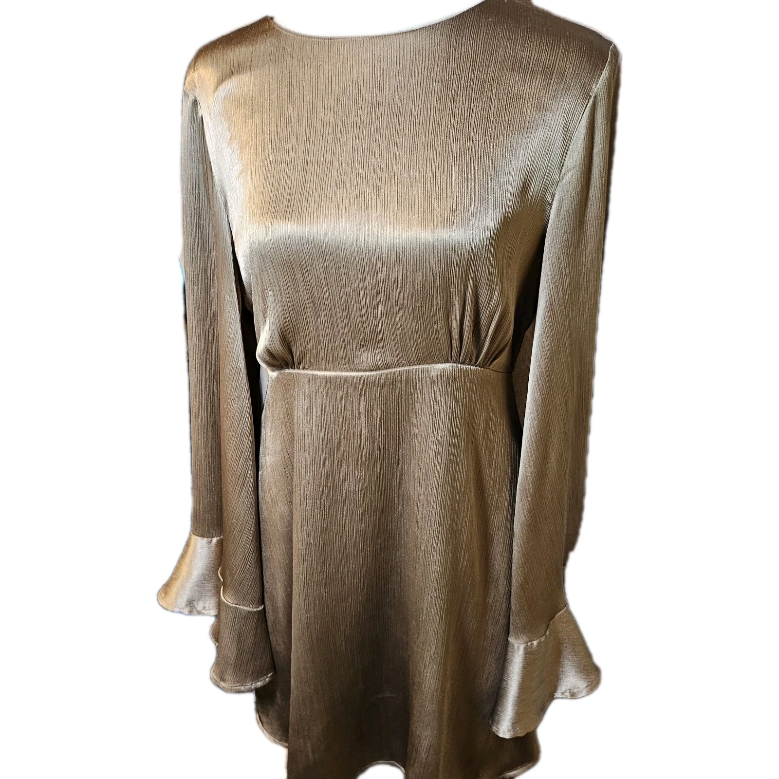 Love Riche Metallic Rose Bell Sleeve Mini Dress Women’s SZ S 70’s,Retro,Party