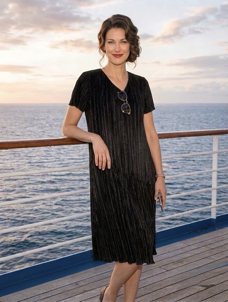 Vintage 90s Connected Apparel Plissé Tiered Dress Black 10P Modern Romance