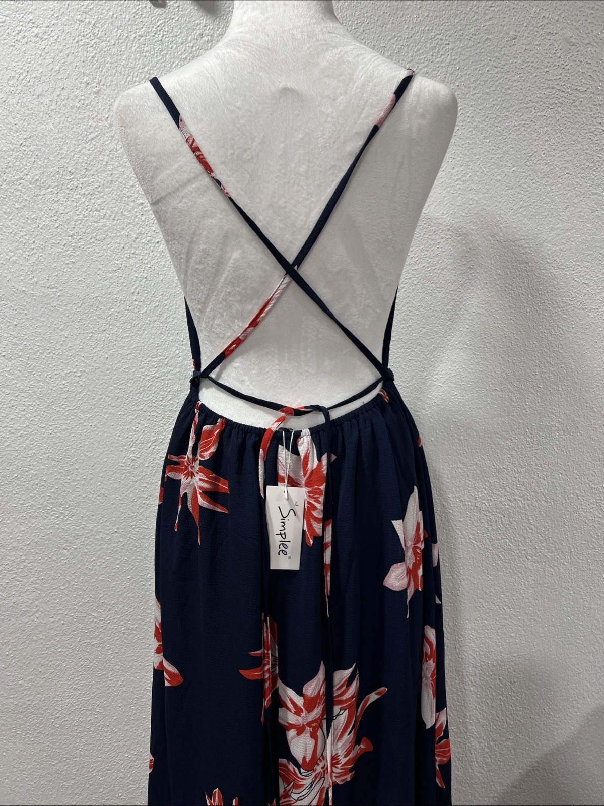 Simplee Floral Maxi Dress Large Navy Orange V-Neck Halter Mock Wrap High Slit