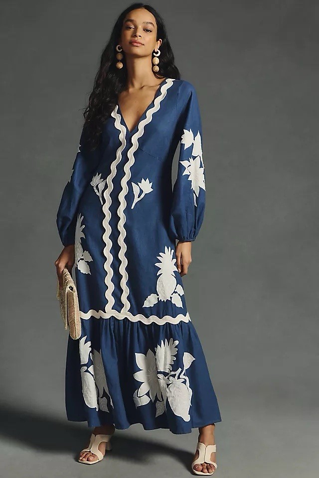 FARM RIO ANTHROPOLOGIE BLUE WHITE APPLIQUE EMBROIDERED LONG SLEEVE MAXI DRESS S