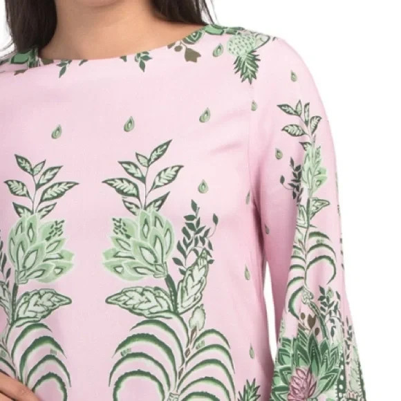 NWT CELINA MOON Bell Sleeve Floral Pink and Green Dress Size LARGE