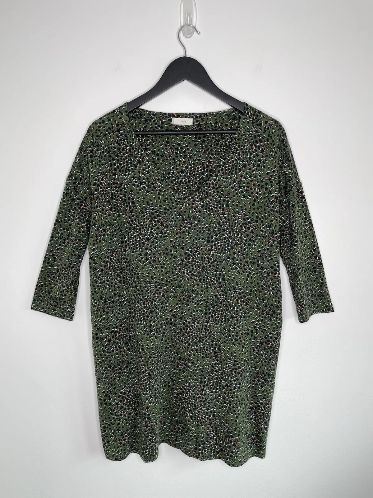 Hush Iris Printed V-Neck Mini Dress Oversize Shift Cotton Jersey Tunic Pockets 6