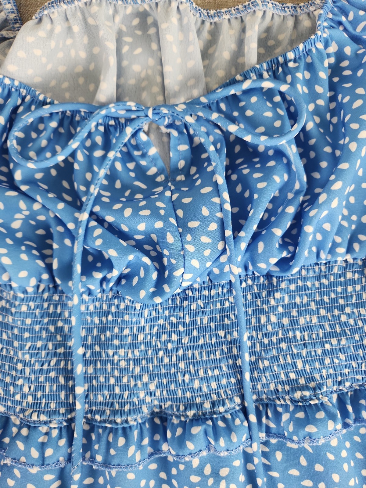 Milkmaid Style Blue Floral Smocked Mini Dress Ruffle Cap Sleeve Medium Flirty
