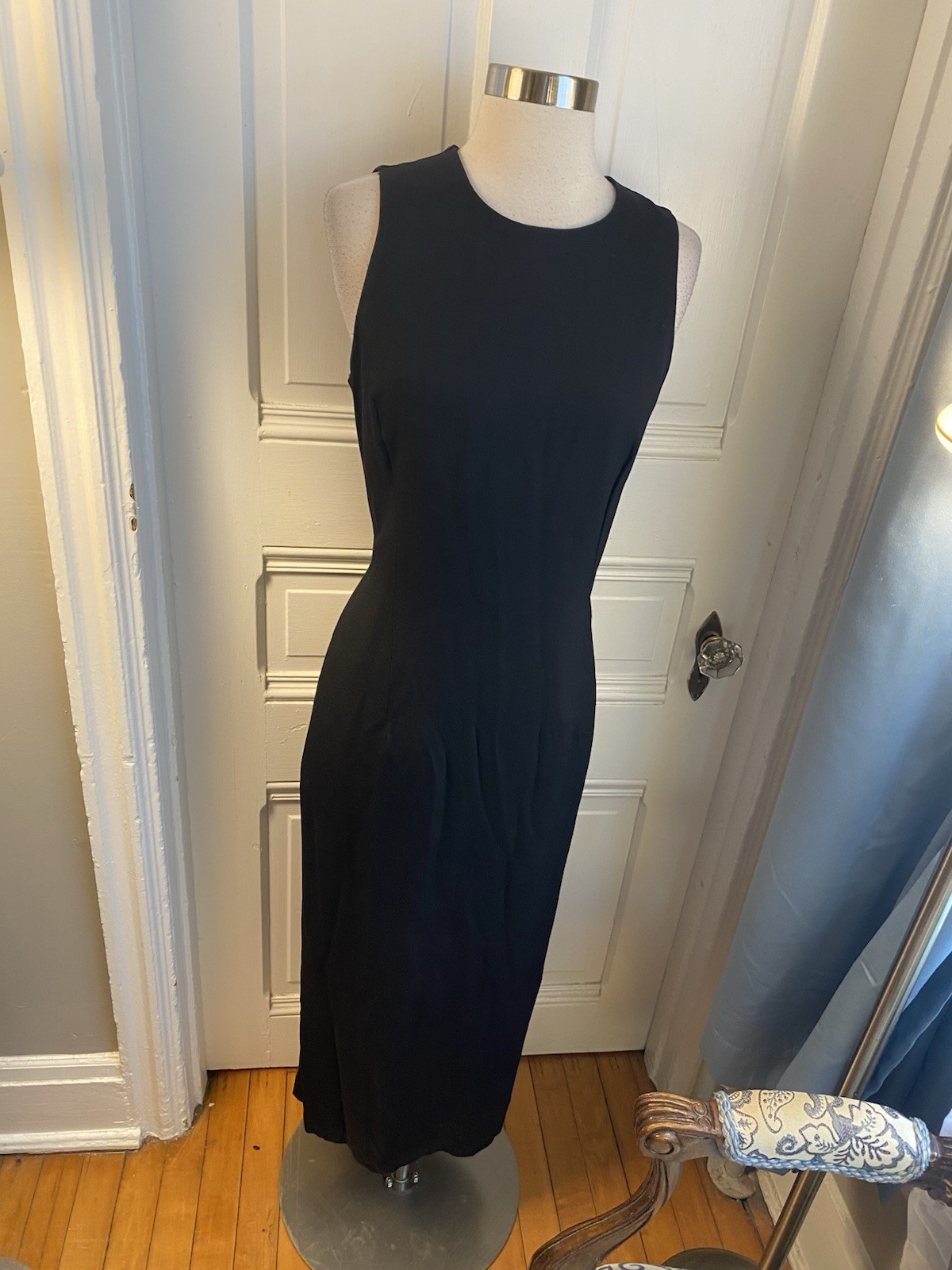 JR NITES BY CALIENDO LONG BLACK SHEATH DRESS-OPEN BACK RIBBON CLOSURE-SIZE12!