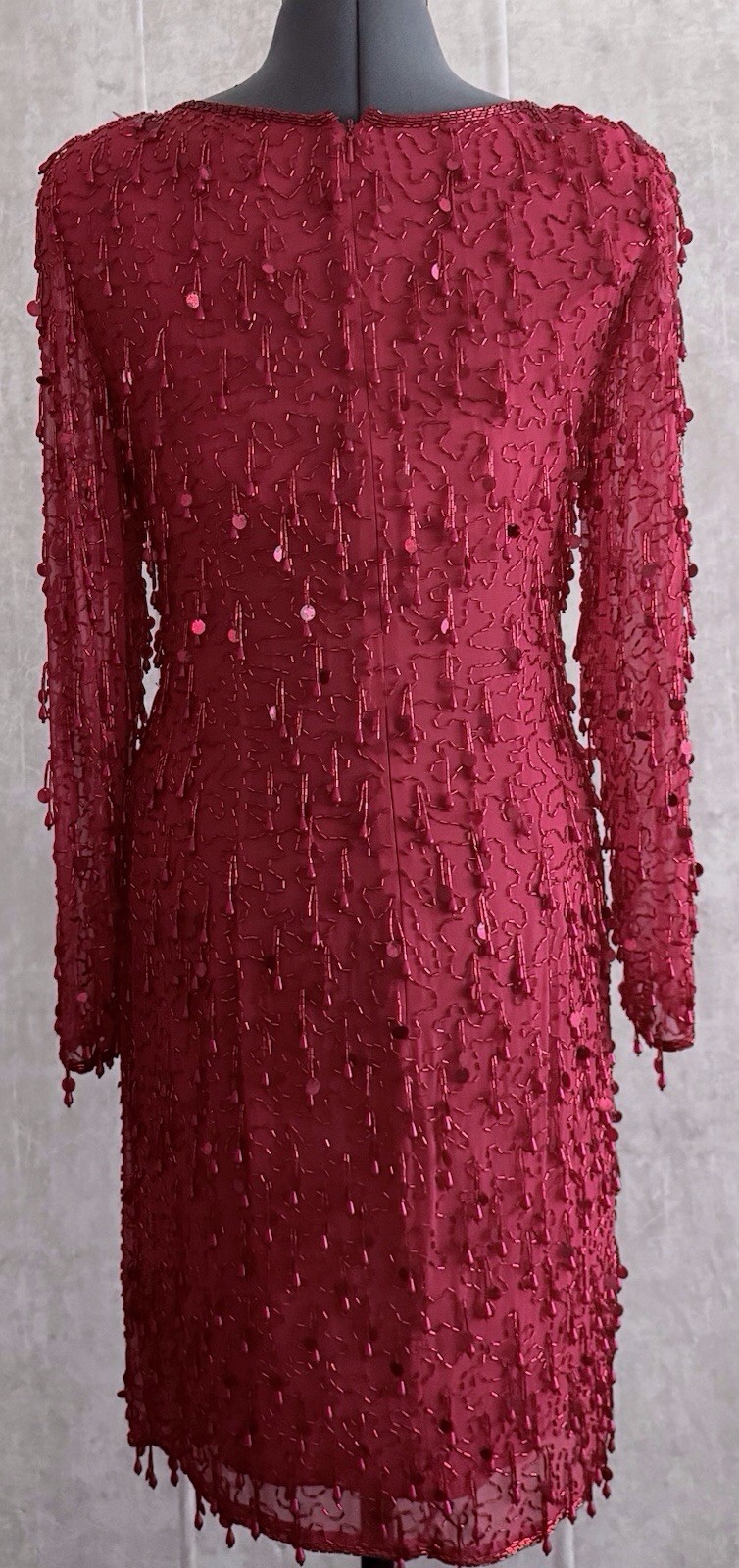 Vintage 90s Oleg Cassini Red Beaded Sequin Fringe Silk Evening Gown Dress 4