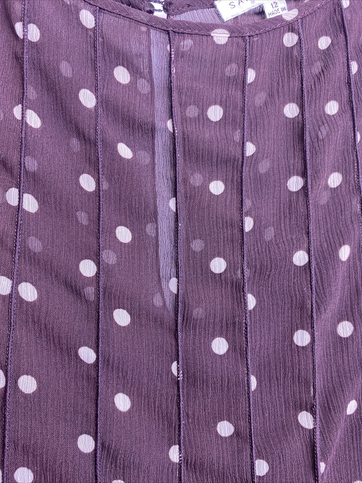 Brown White Polka Dot Sheer Lined Sleeveless Ruffle Dress Sz 12 Pretty Woman