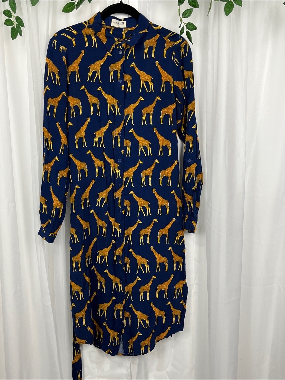 Sugar Hill Shirt Dress The Reva 10 Navy Gold Giraffe Print Belt 100% Viscose EUC