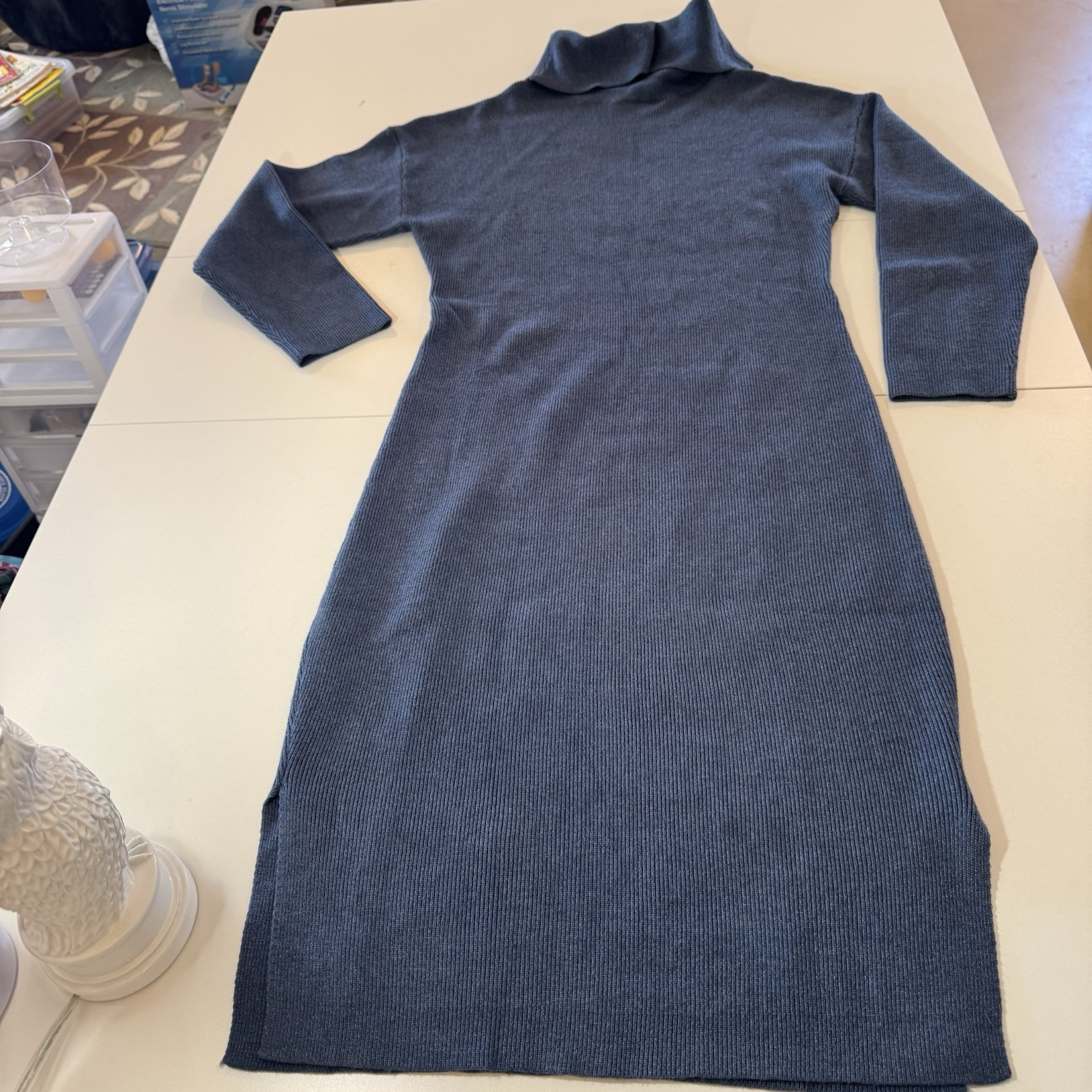 ⁠Caracilia Turtleneck Sweater Dress Medium M NWT Blue Ribbed Knit Side Slit Midi