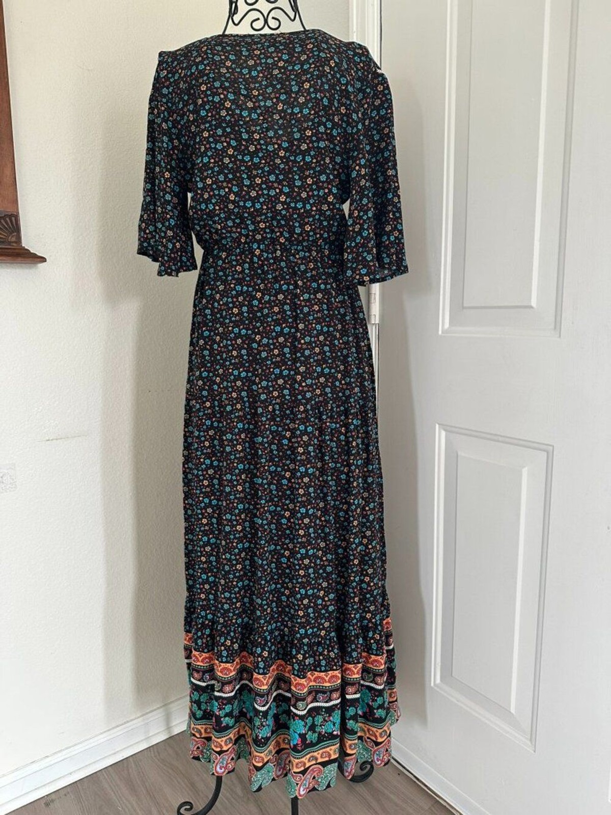 PrettyGarden Black Boho Floral Paisley Maxi Dress Size S Flutter Sleeve