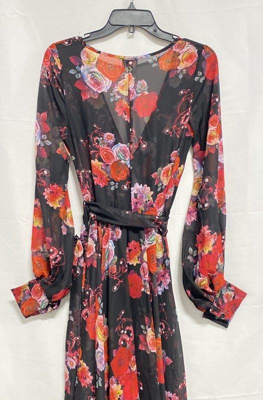 Va Va Voom Women’s Black Floral Wrap Maxi Dress Long Bishop Sleeve NWT Sz S