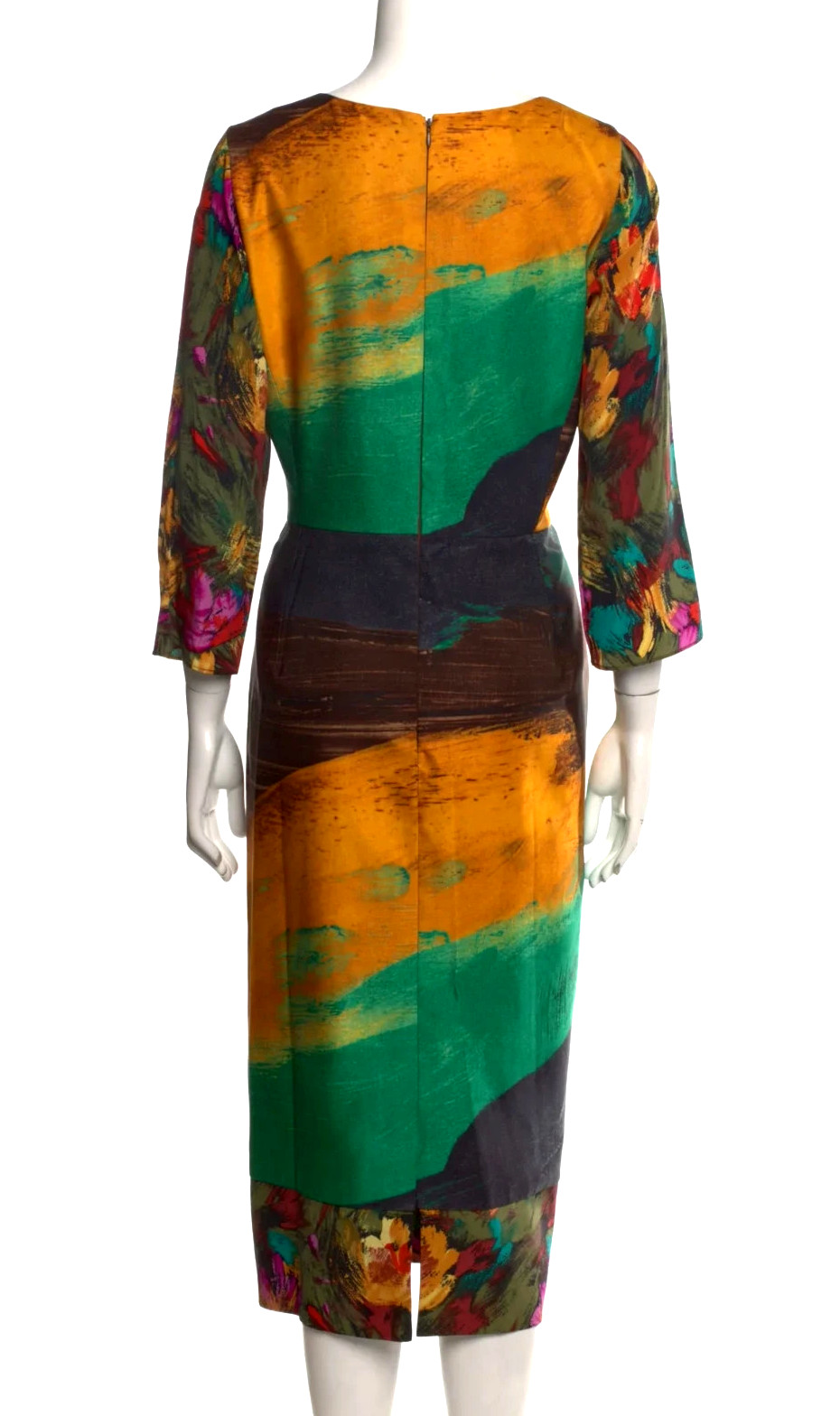 Oscar De La Renta Brushstroke Floral Midi Dress Abstract Wool Silk Sz 12 XL NWOT