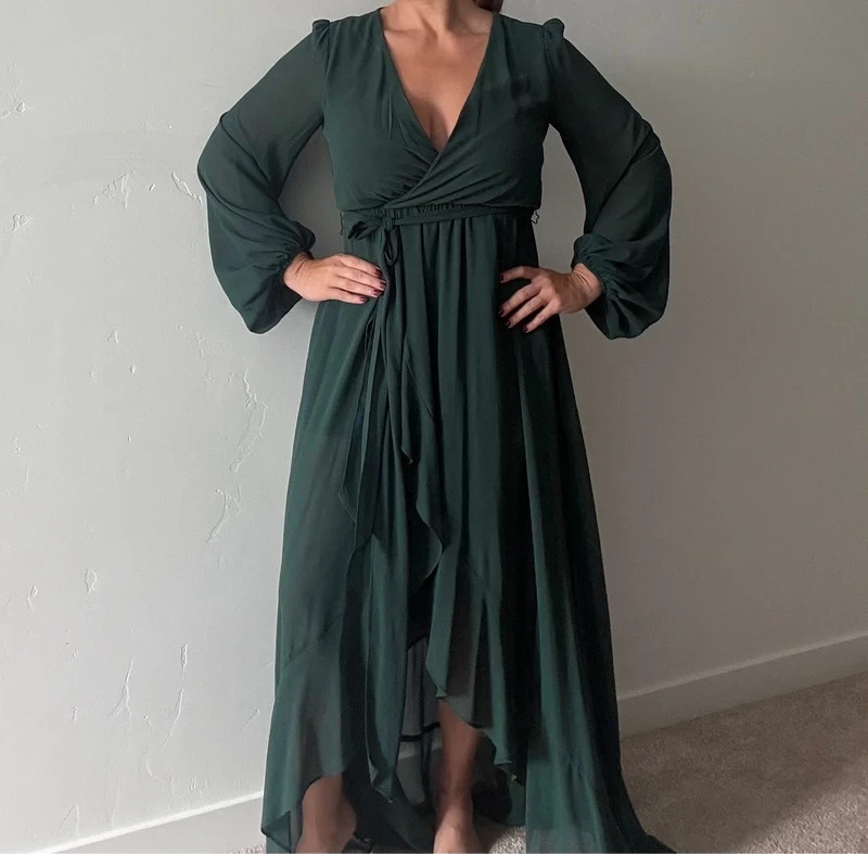 Dress Day Emerald Green Hi Low Wrap Maxi Dress M Long Sleeve Wedding Guest