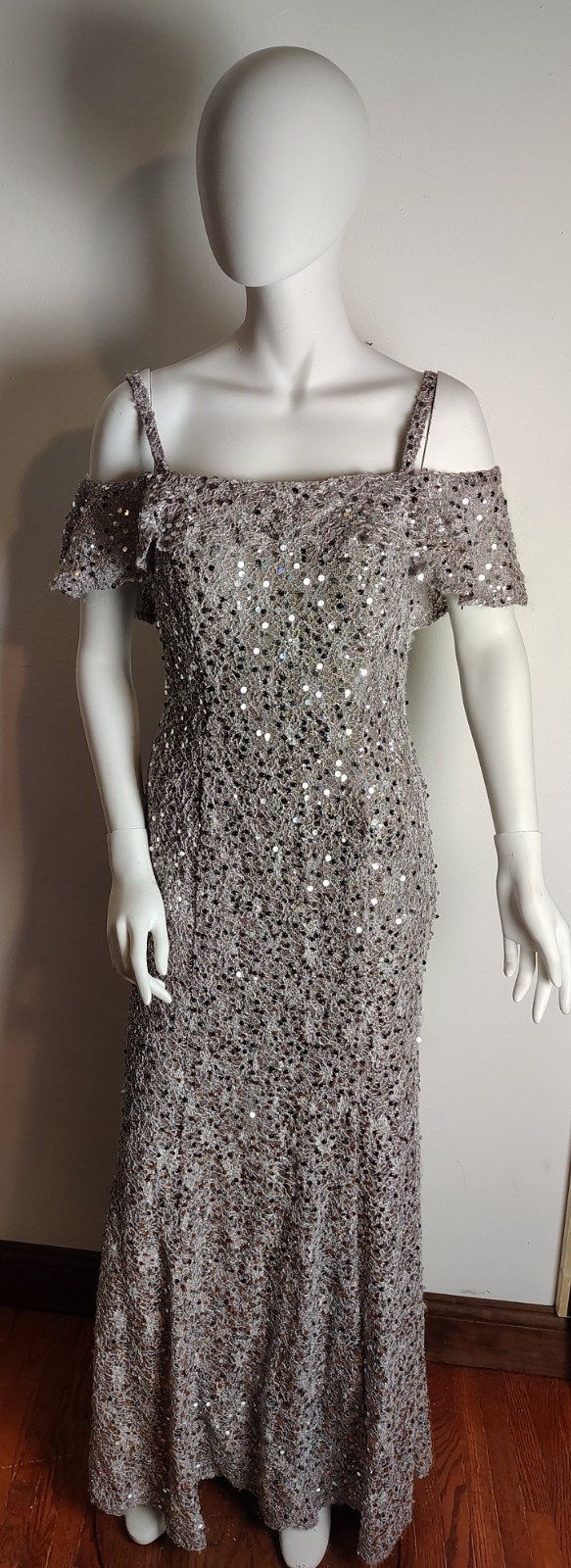 Night Way 10 Sequin Rose Gold straps off shoulder ruffle Maxi Long exquisite