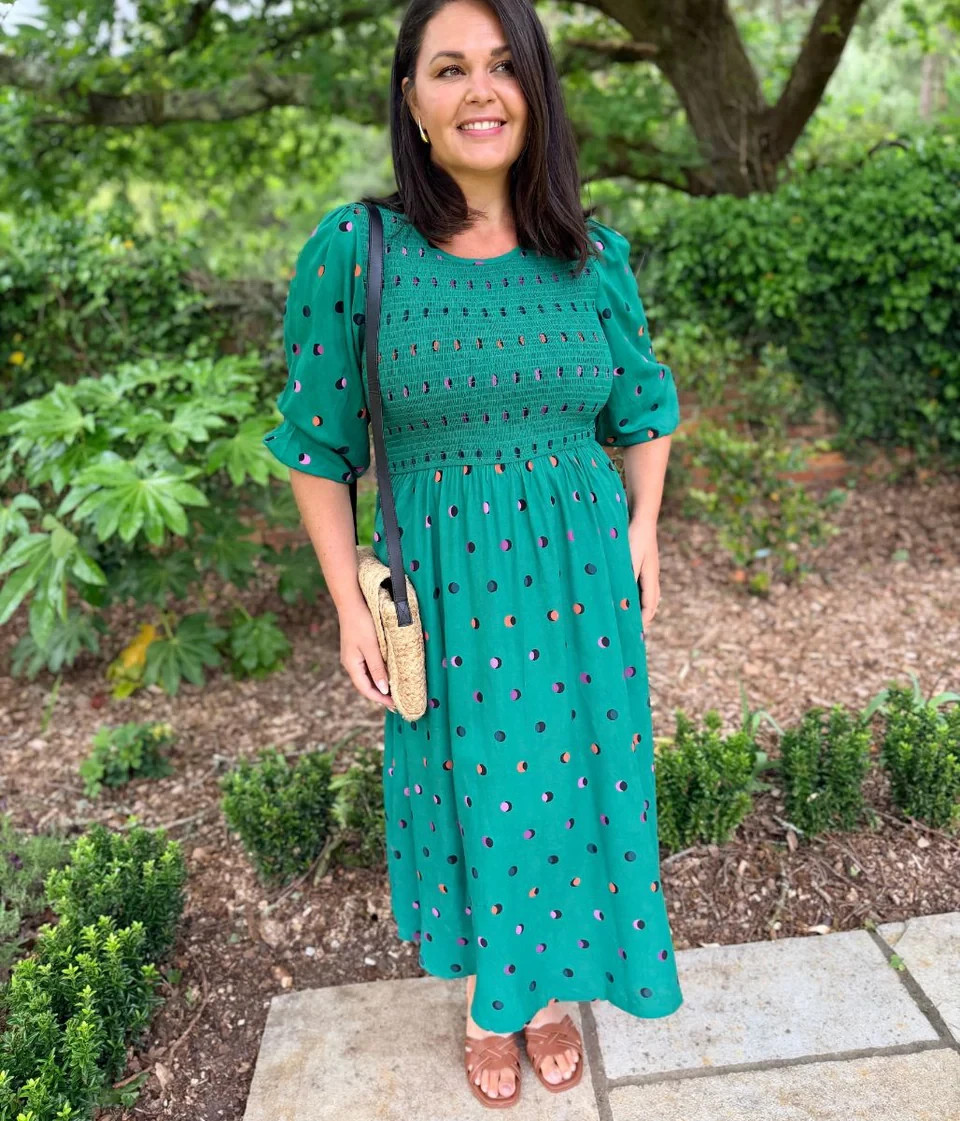 Sugarhill Midi Dress Women’s Green Rainbow Polka Gretal Shirred Blouson Sleeve