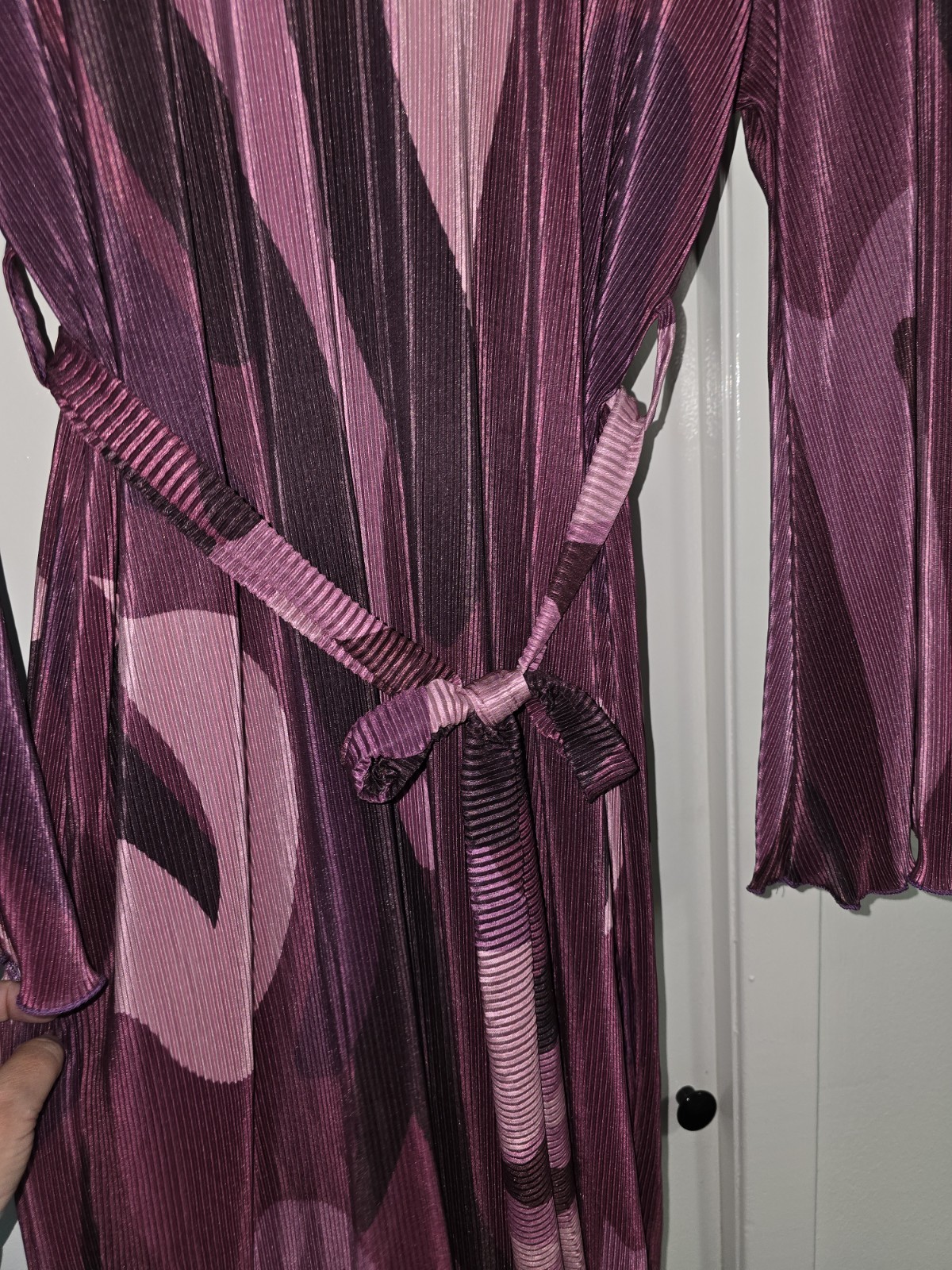 Women’s Mauve Abstract Pleated Midi Dress Bell Sleeve Belted 2XL