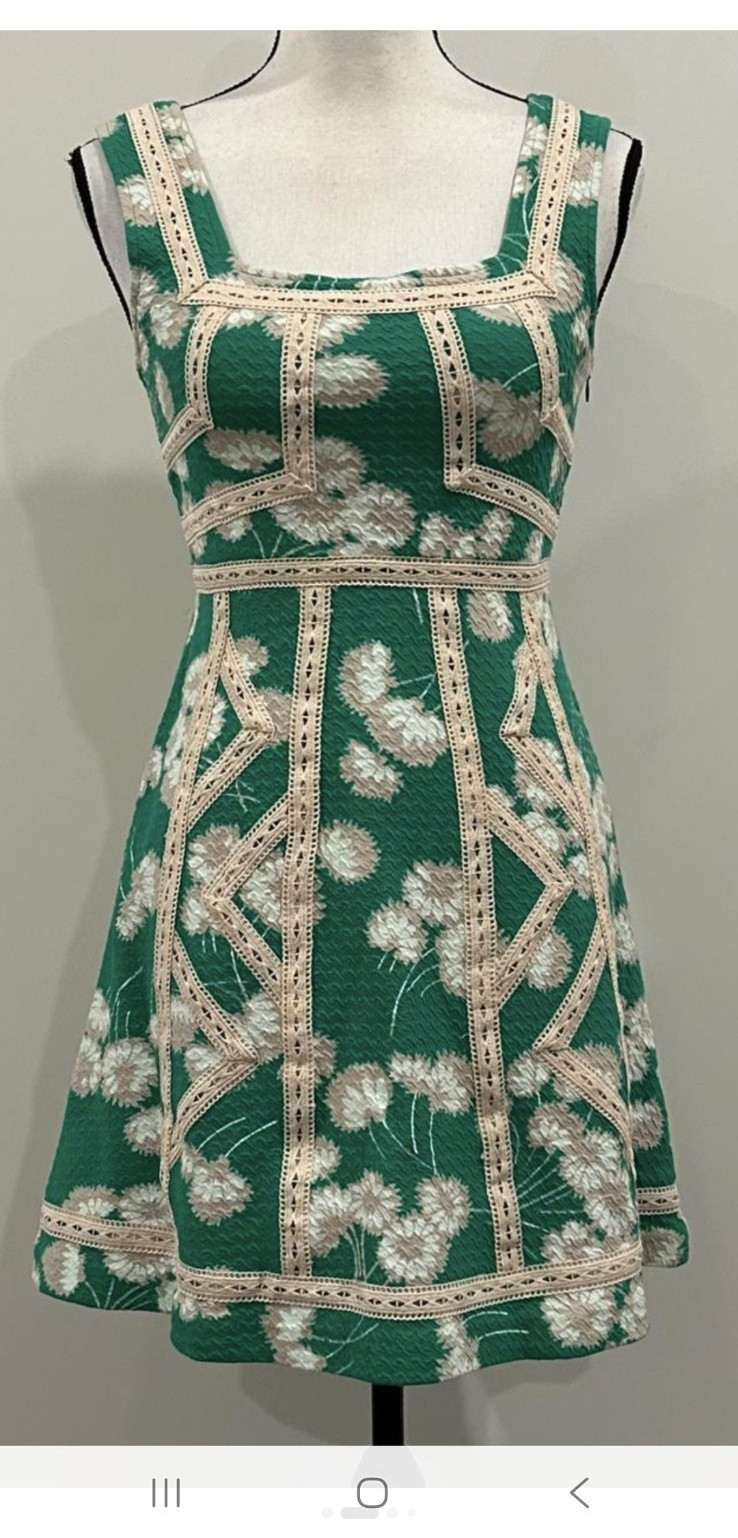 Maeve Anthropologie Green Floral Lace Trim Fit Flare Dress Size 12 Square Neck