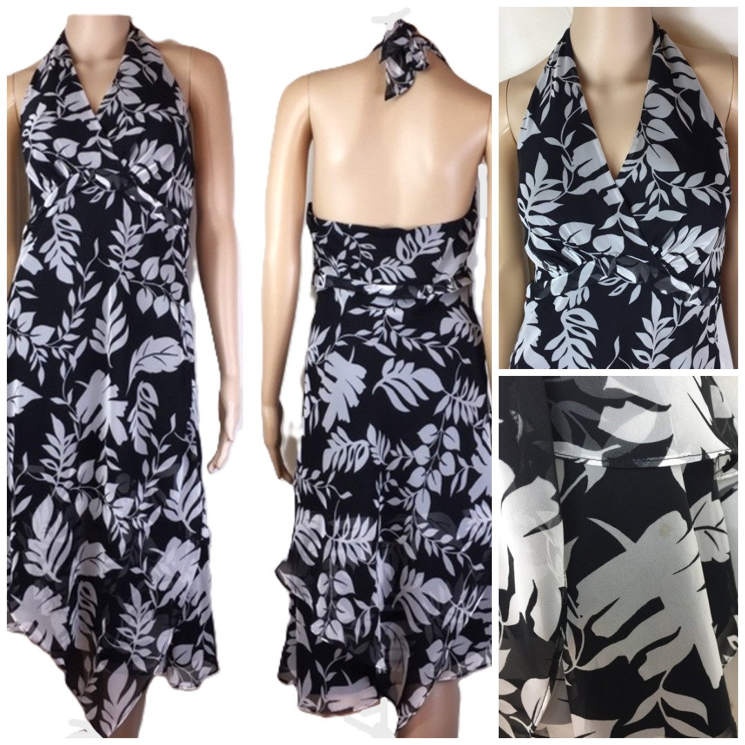 Y2K Black Halter Sheer Dress 7/8 Hanky Leaf Helene Blake Dark romantic Resort