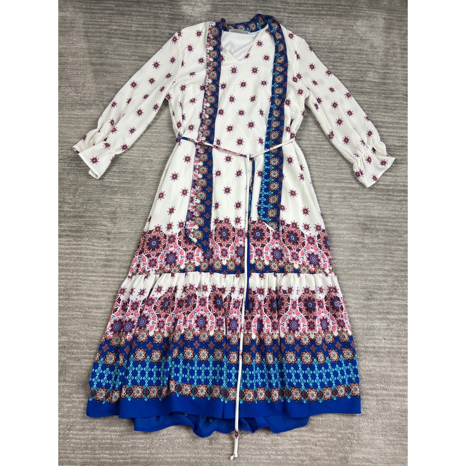 Ces Femme Maxi Dress Womens Medium White Blue Boho Mandala Tiered Ruffle Sleeve